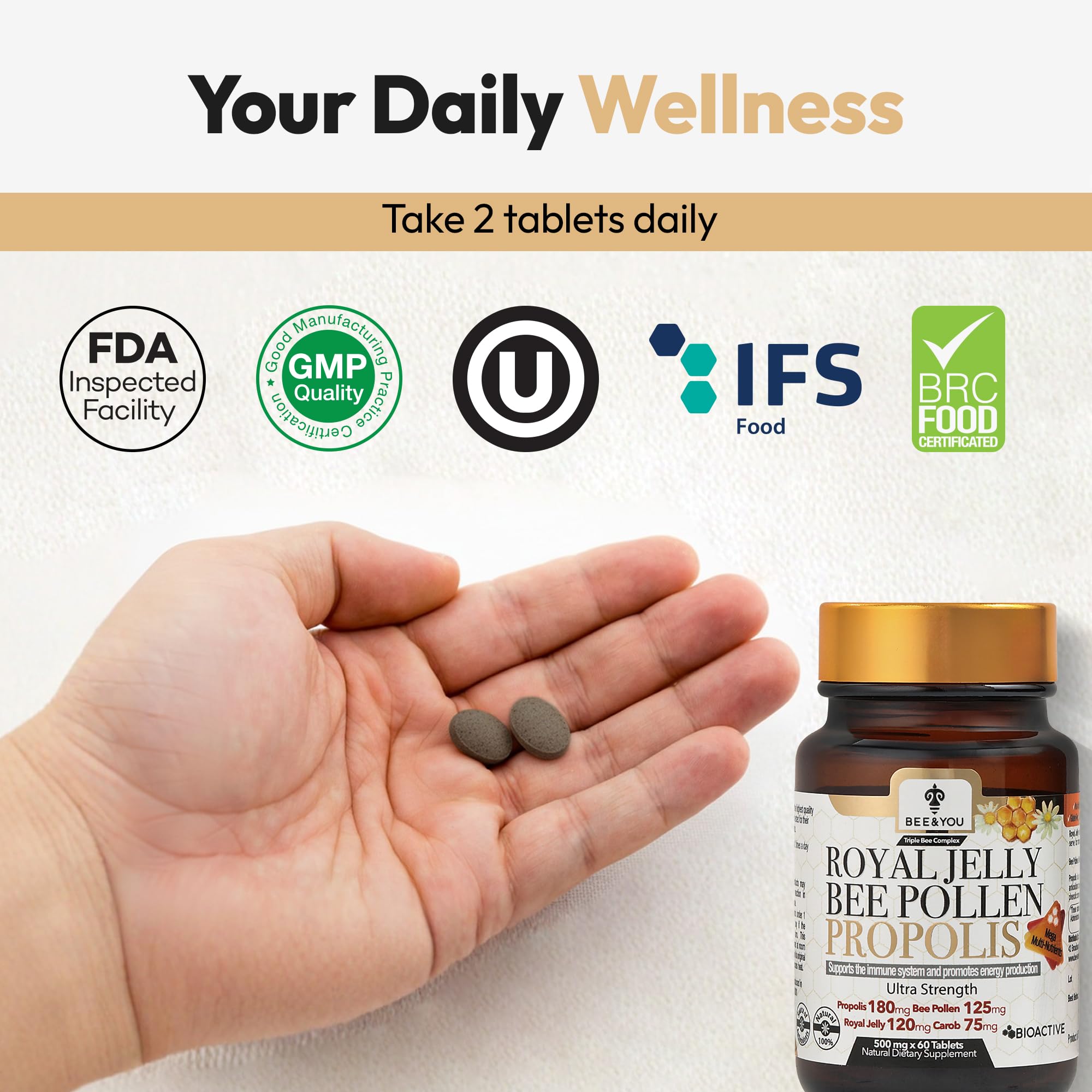 BEE & YOU Royal Jelly Propolis Bee Pollen Tablets on a wooden table