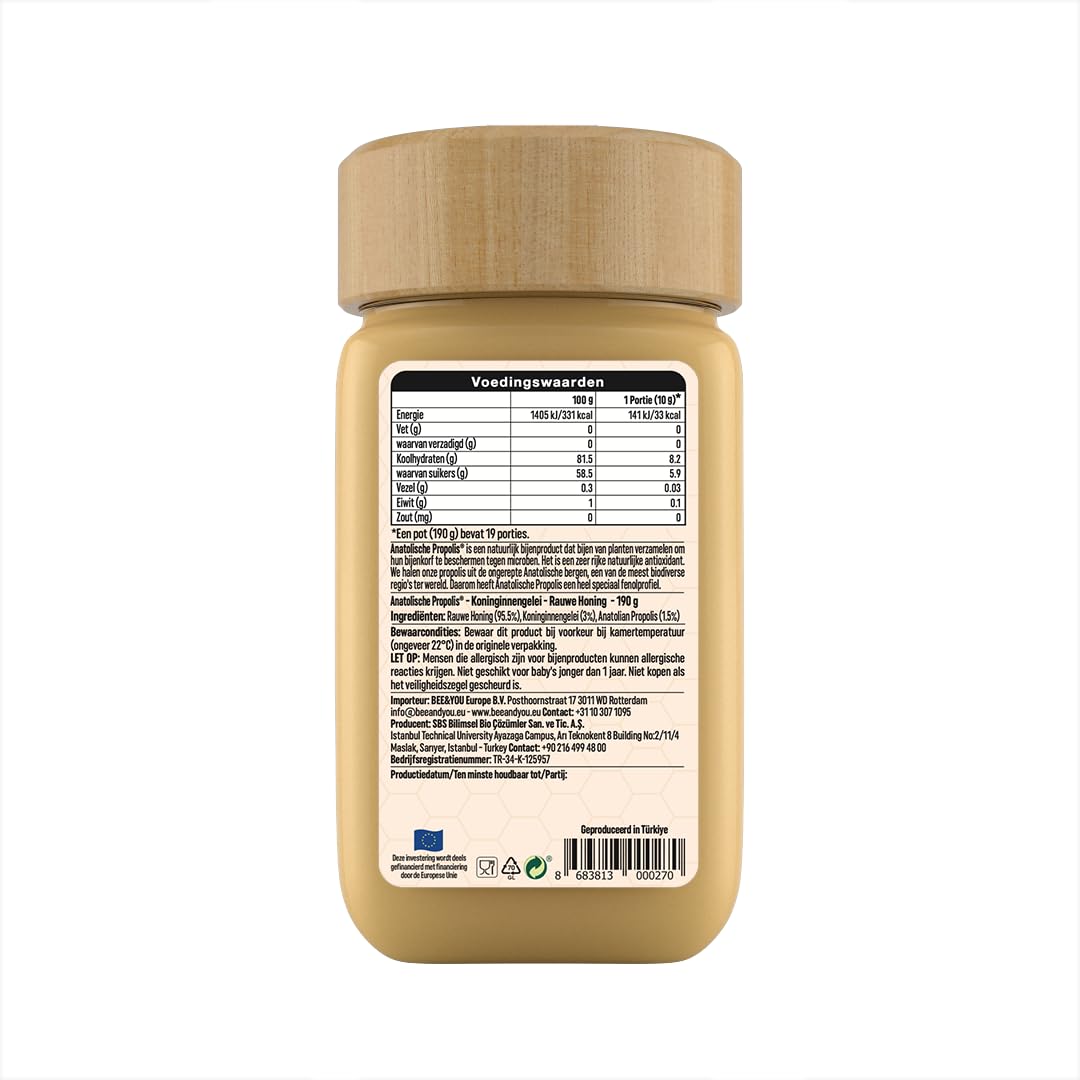 BEE & YOU Royal Jelly with Propolis 191g jar side view with ingredients