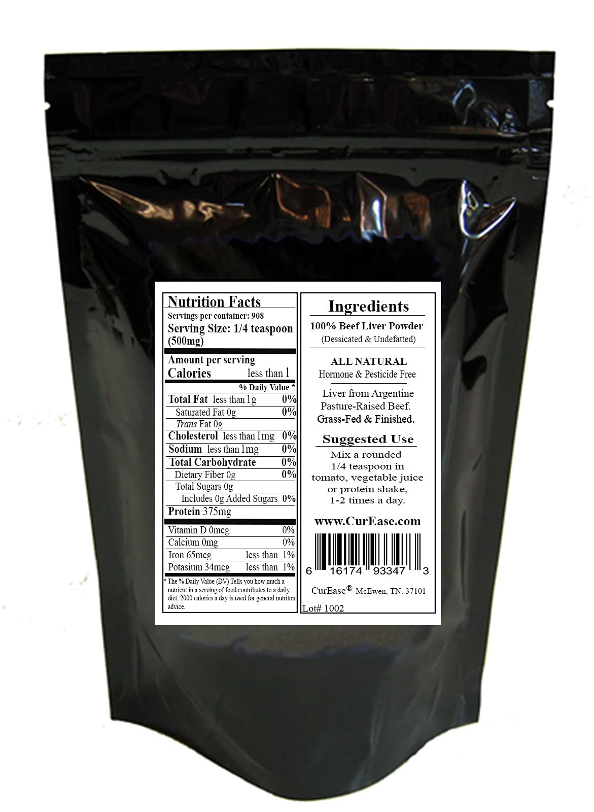 Beef Liver Powder 454g side view with nutritional information