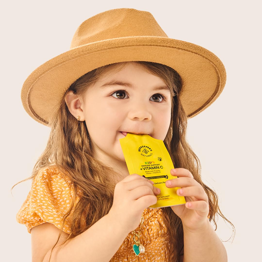 Beekeeper's Naturals Kid's daily wellness Liposomal Vitamin C on a kitchen table