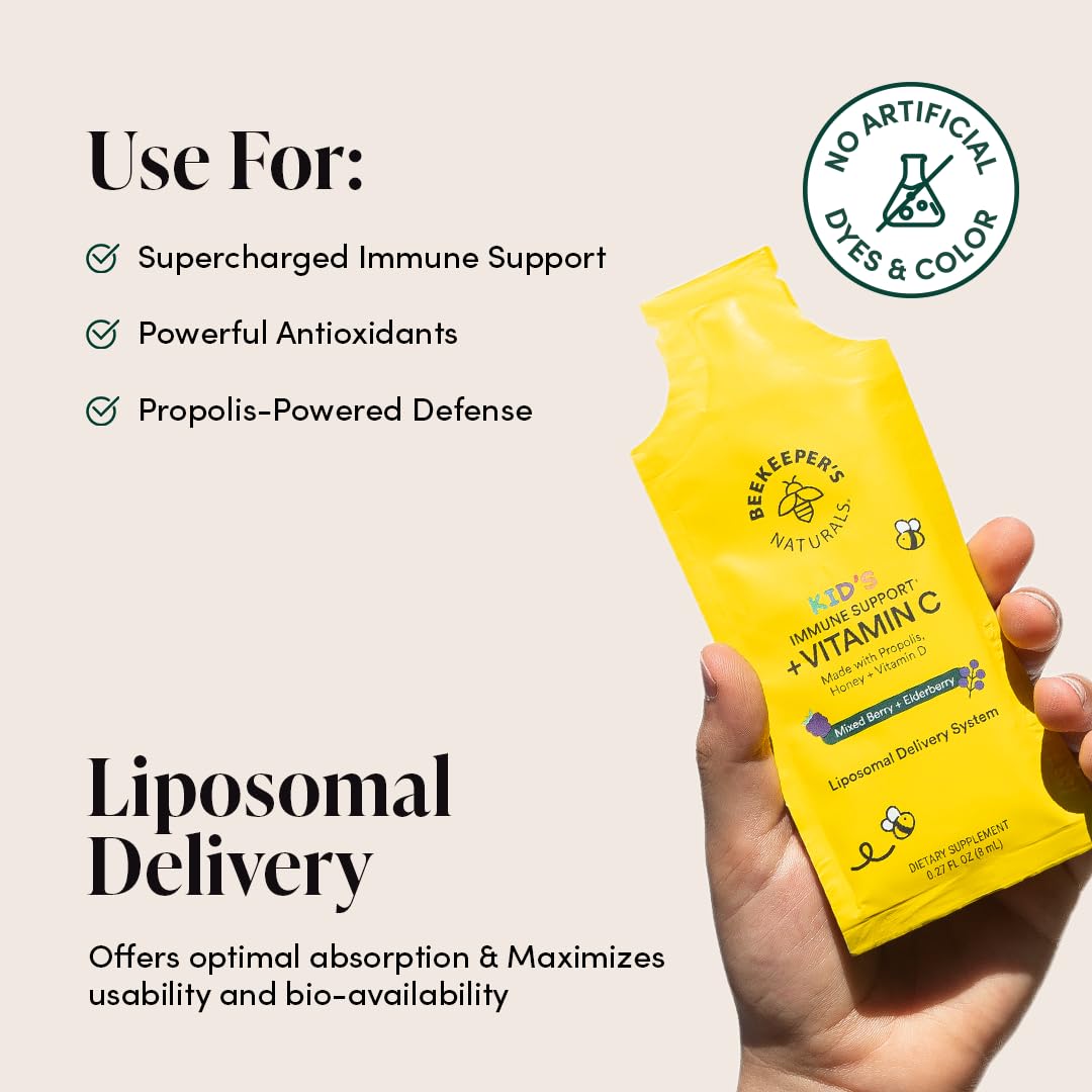 Beekeeper's Naturals Kid’s daily wellness Liposomal Vitamin C packet open with liquid