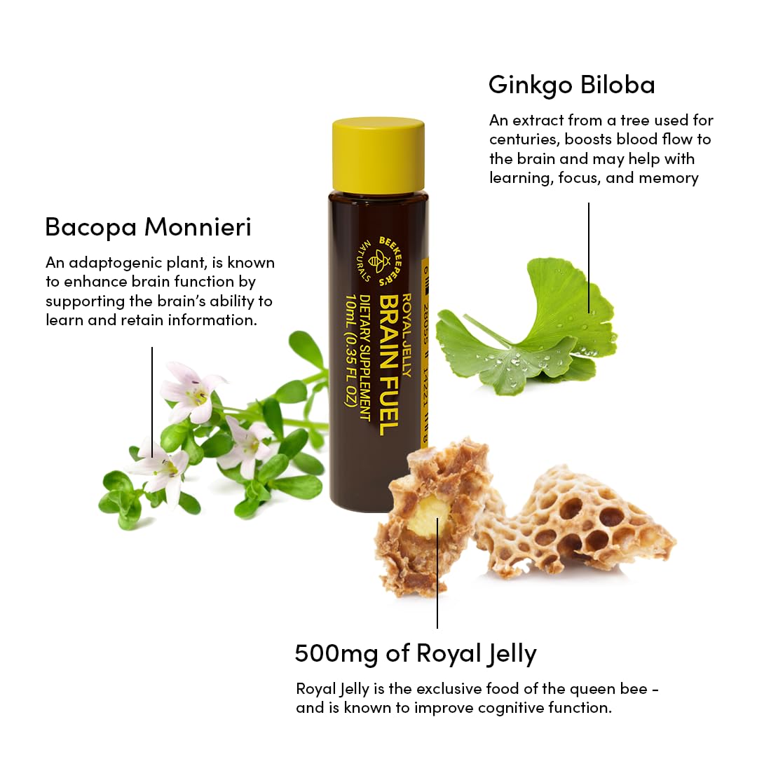Beekeeper's Naturals Royal Jelly Brain Fuel vials on a wooden table