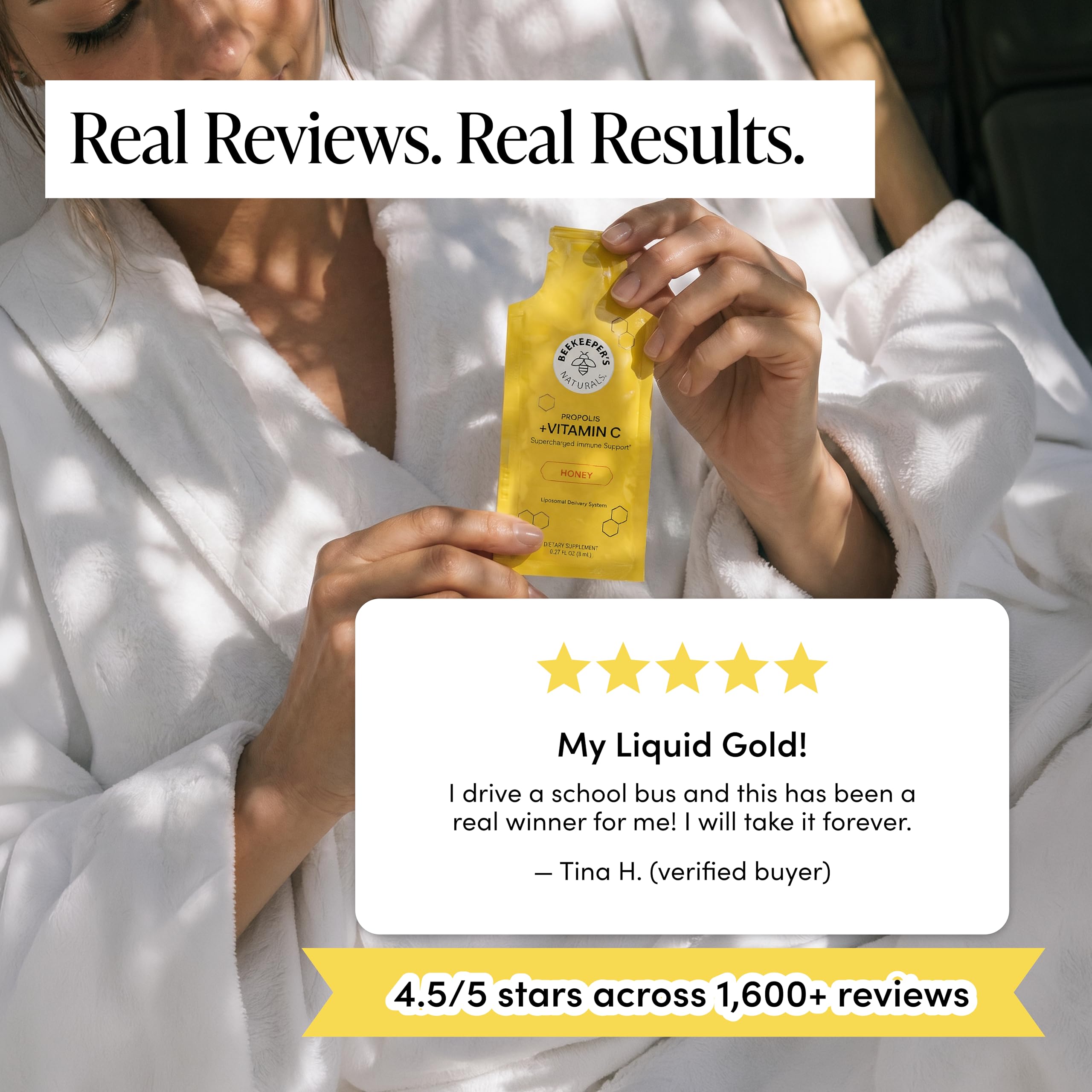 Beekeeper's Naturals Vitamin C Propolis Supplement with a glass of water