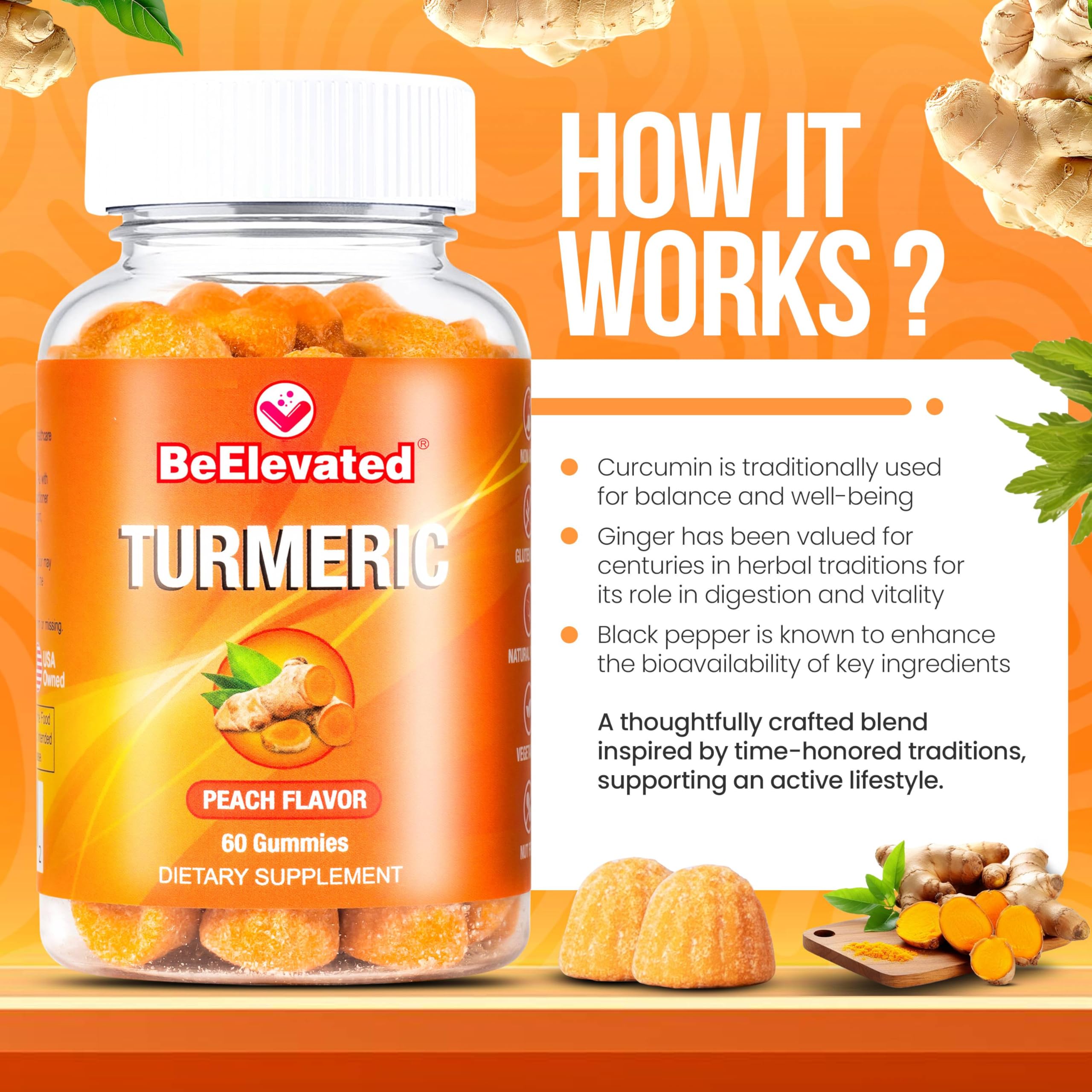 BeElevated Turmeric Ginger Gummies on a wooden table