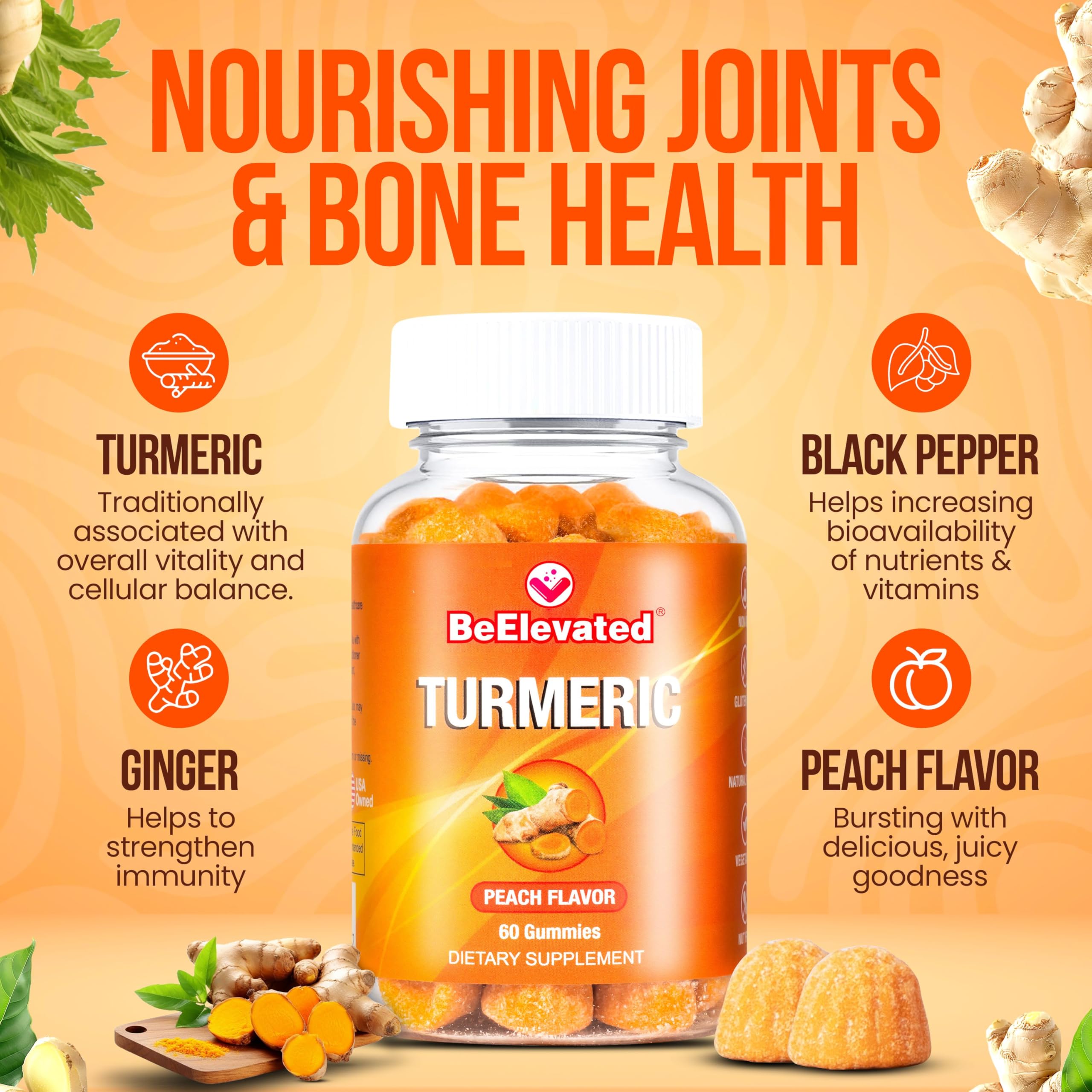 BeElevated Turmeric Ginger Gummies showing peach flavour