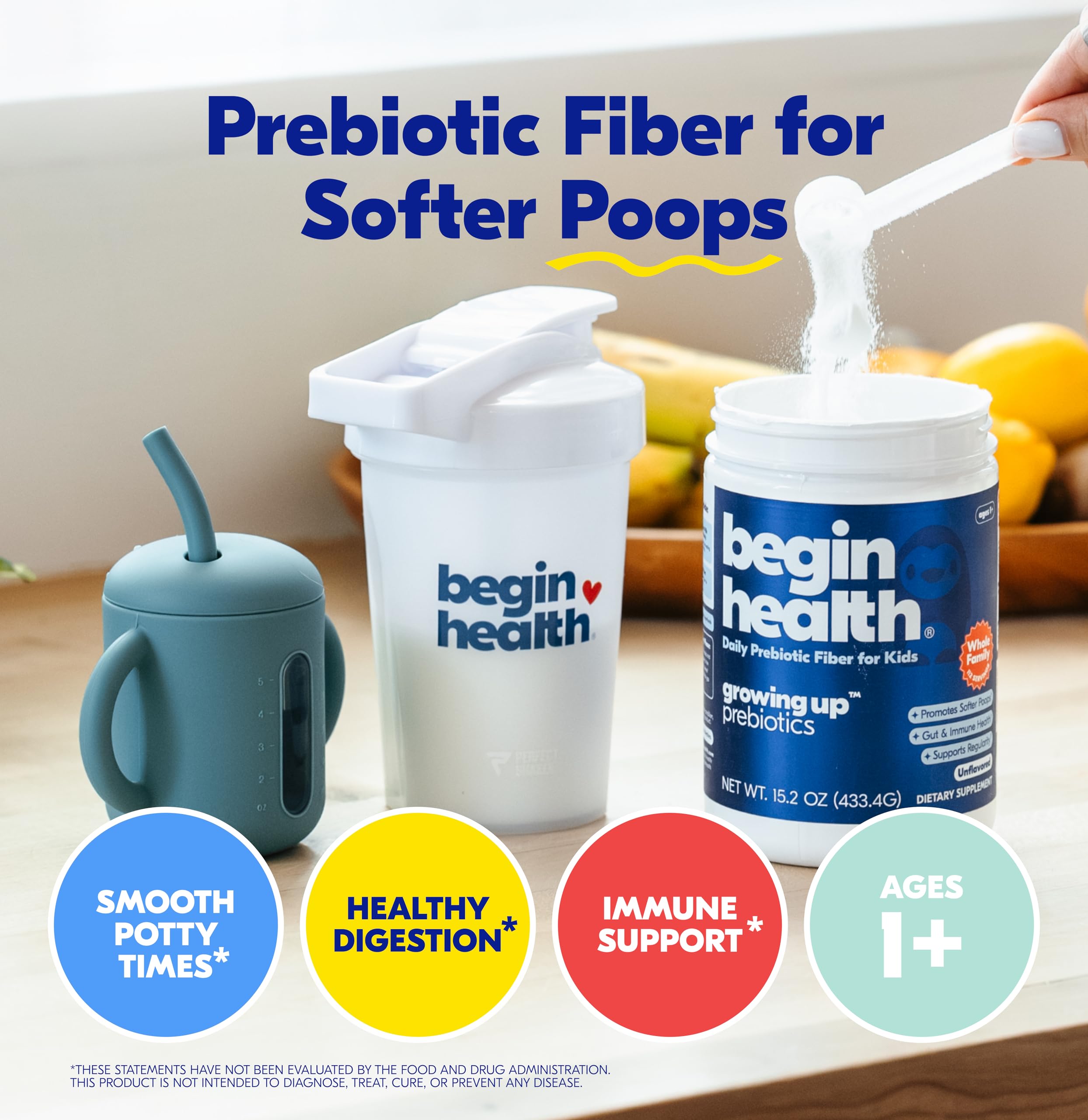 Begin Health Prebiotic Supplement powder in a spoon