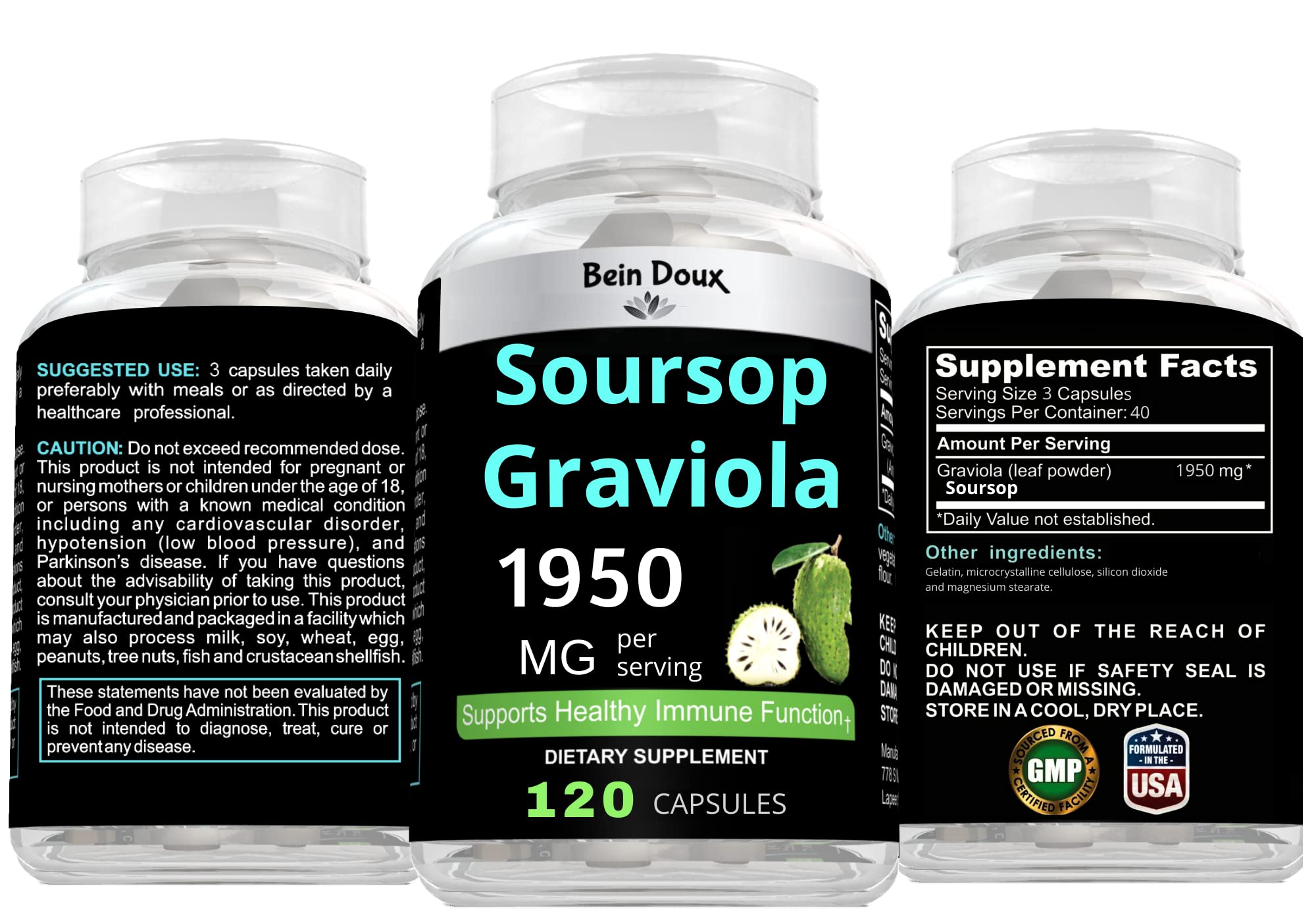 BEIN DOUX Soursop Graviola Capsules on a wooden table