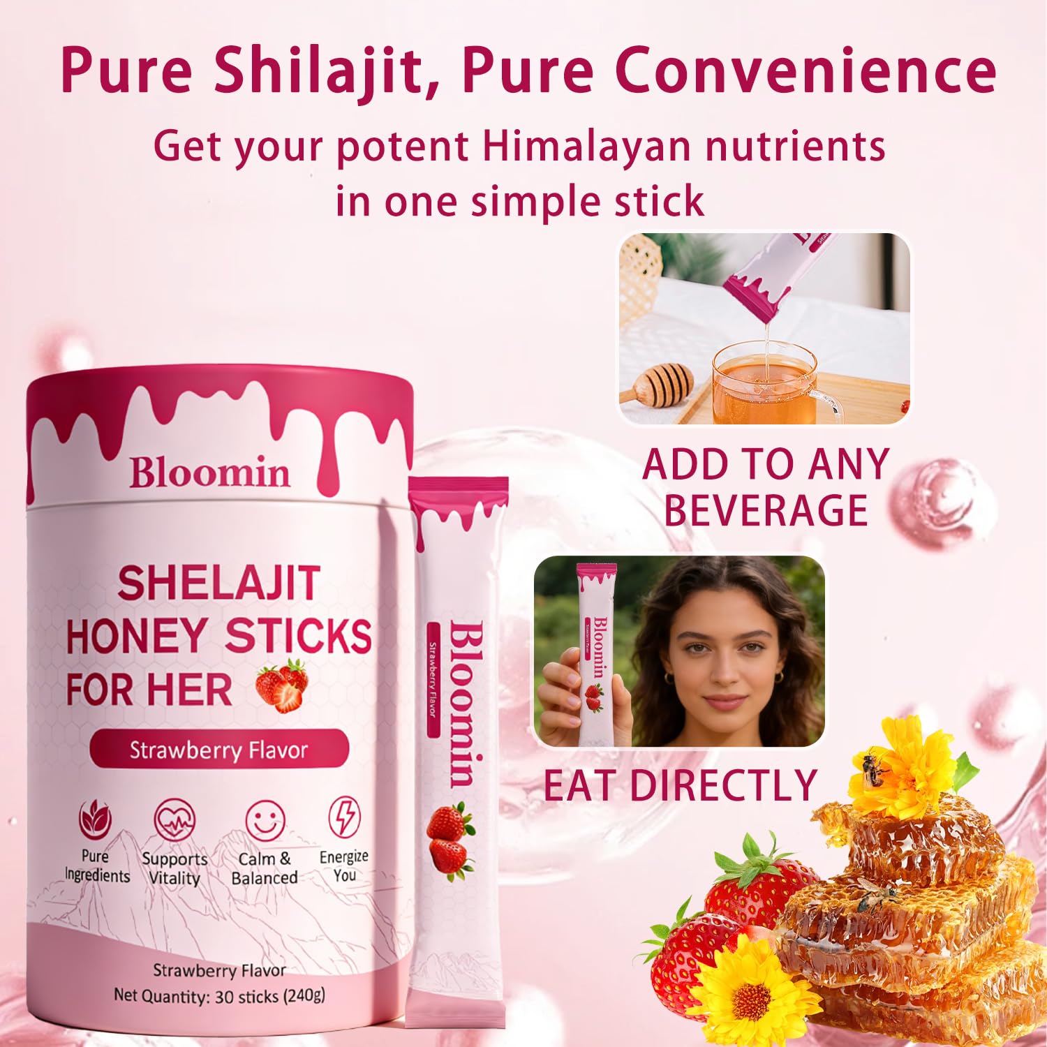 BELANO Shilajit Honey Sticks displayed on a wooden table
