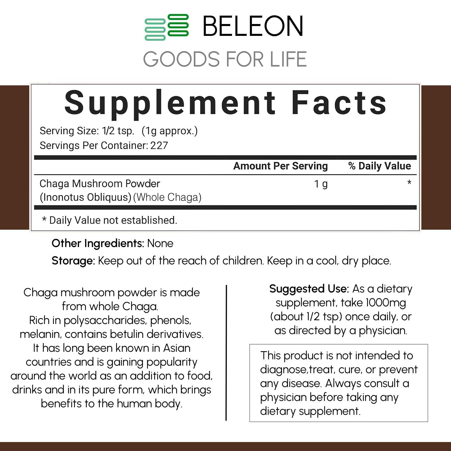 Beleon Chaga Mushroom Powder on a wooden table