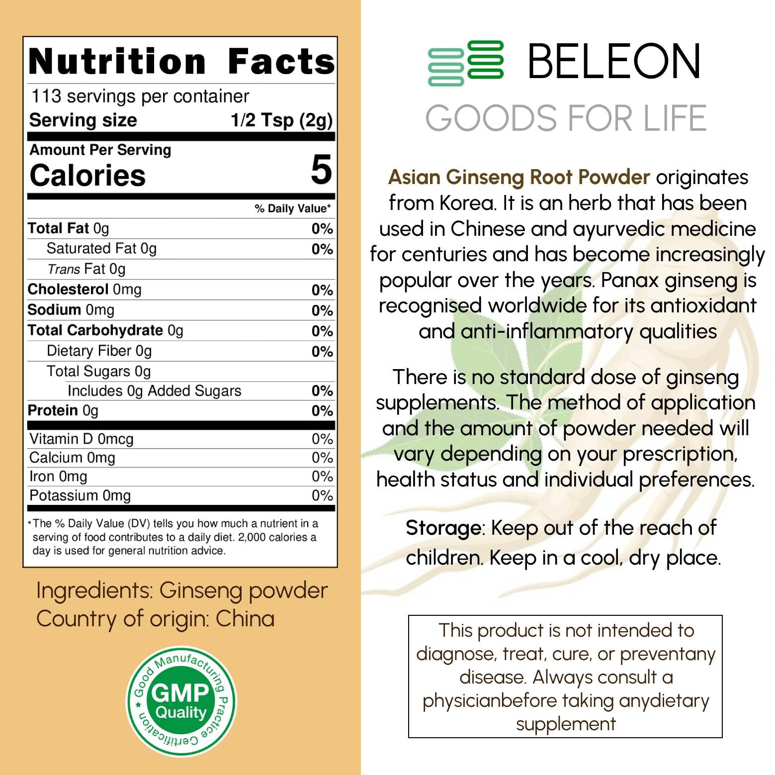 Beleon Ginseng Root Powder packaging with product details