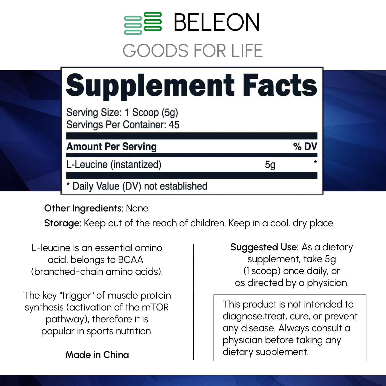 Beleon Goods For Life L-Leucine Powder packaging with scoop