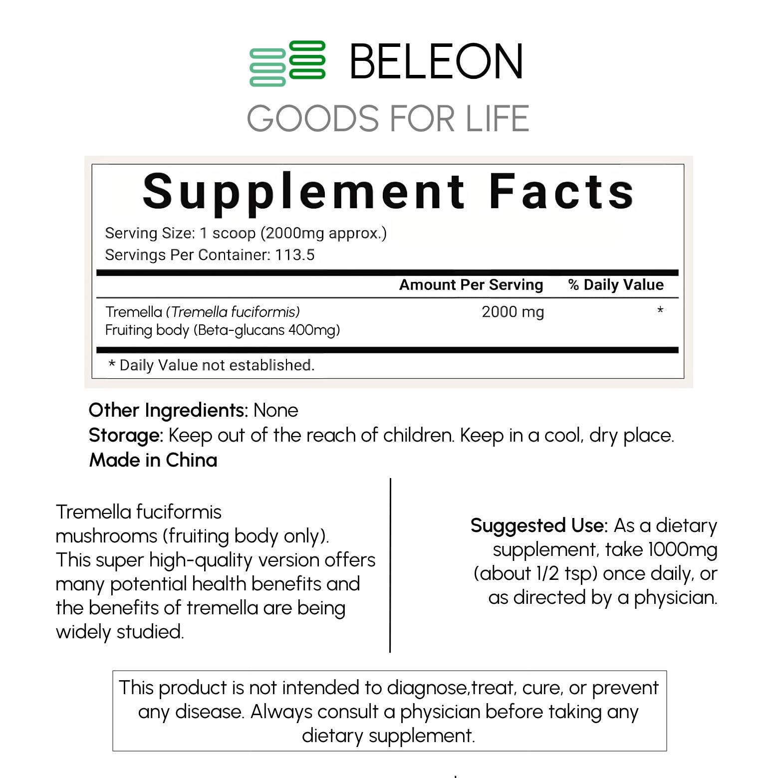 Beleon Goods For Life Tremella Mushroom Powder 240g nutritional information