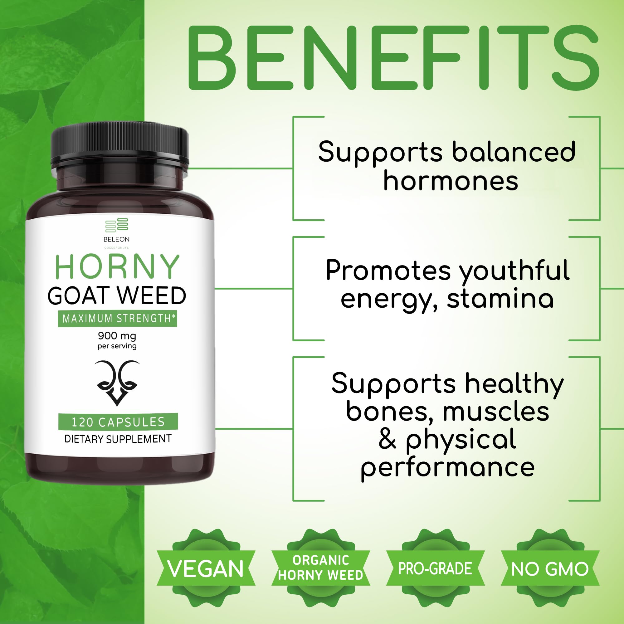Beleon Horny Goat Weed capsules on a wooden table