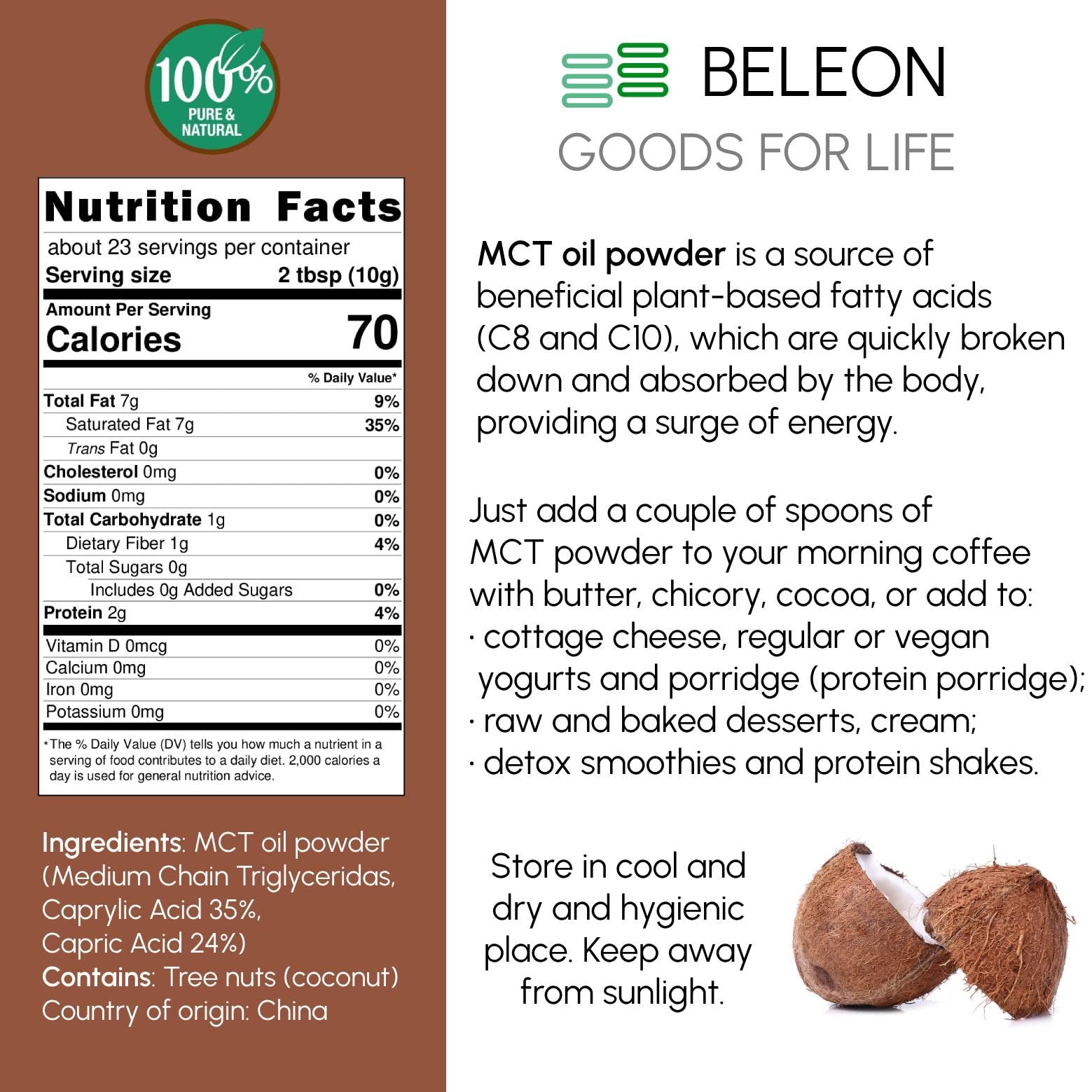 Beleon MCT Oil Powder in a spoon, ready to add to coffee