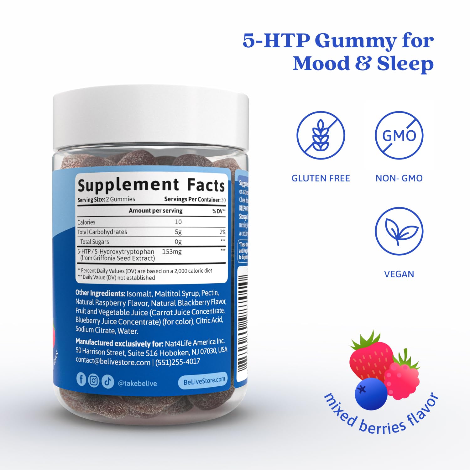 BeLive 5-HTP Gummies mixed berries flavour close-up