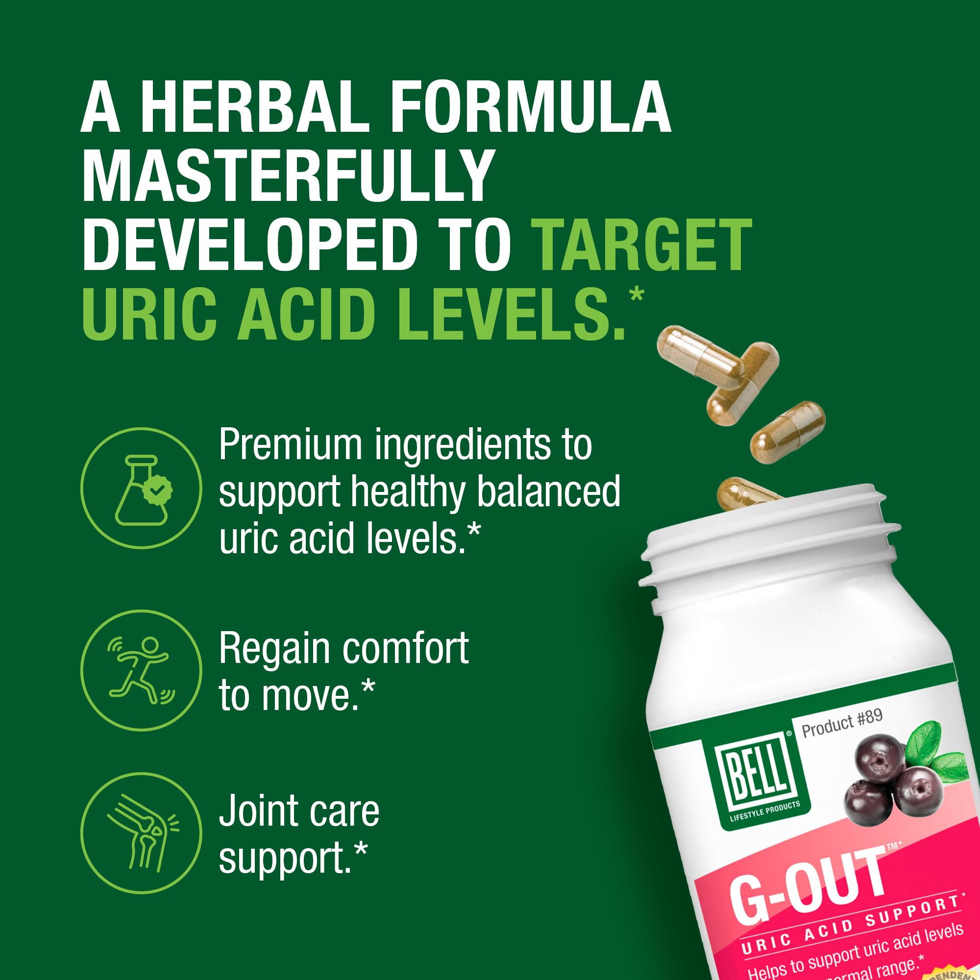 Bell G-OUT supplement capsules on a wooden table