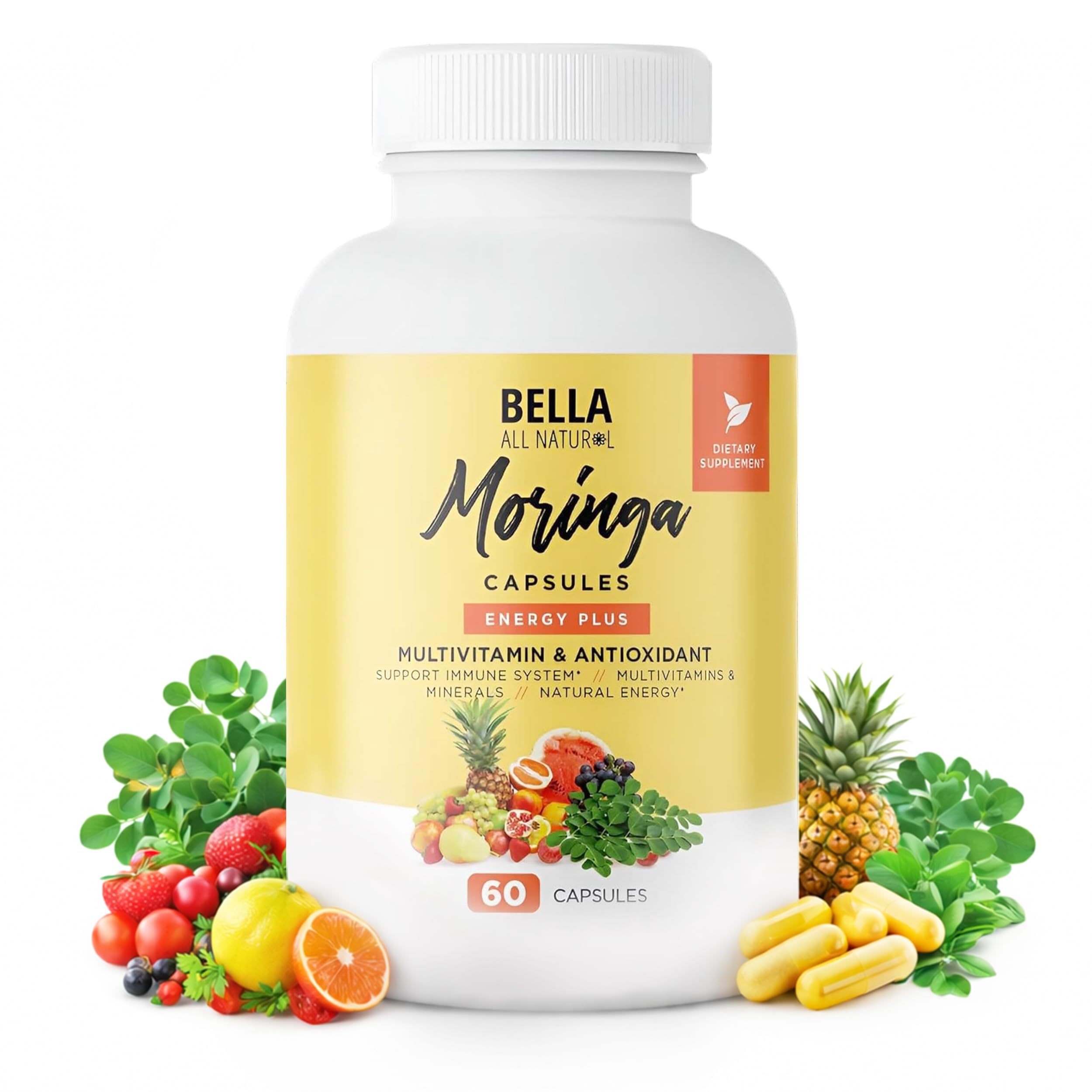 Bella All Natural Moringa Capsules front view with packaging