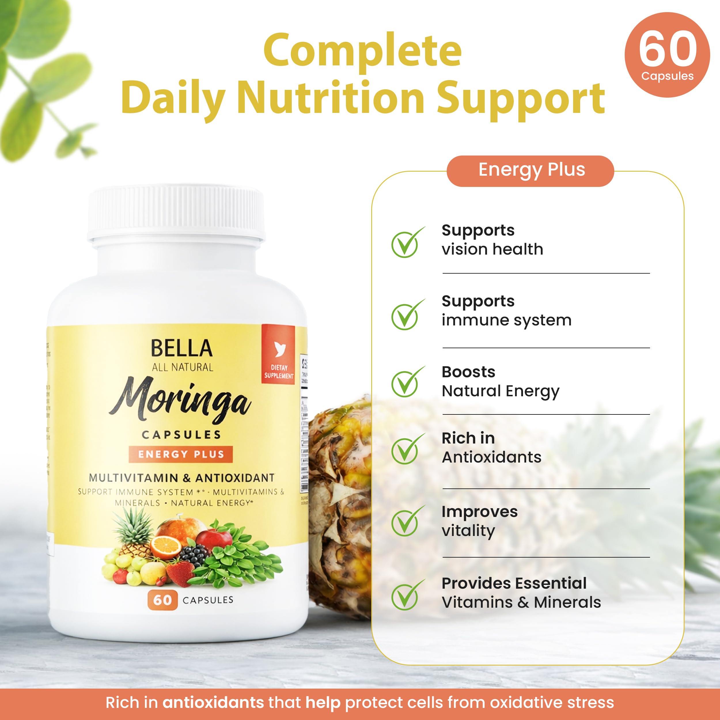 Bella All Natural Moringa Capsules lifestyle scene with water