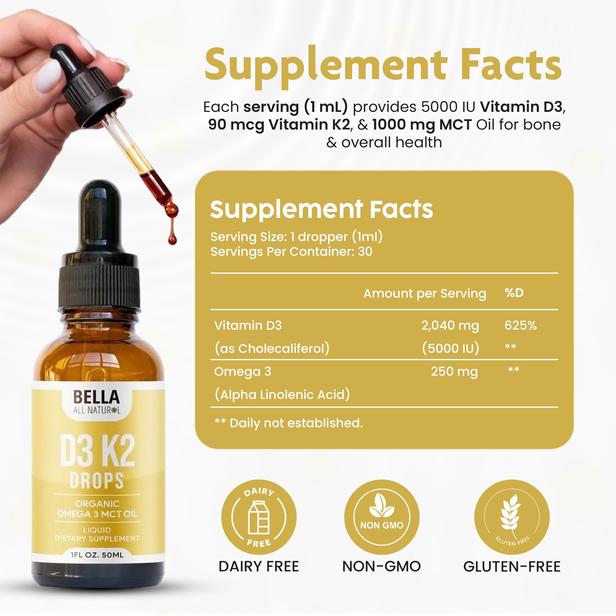 Bella All Natural Vitamin D3 K2 Liquid Drops bottle side view