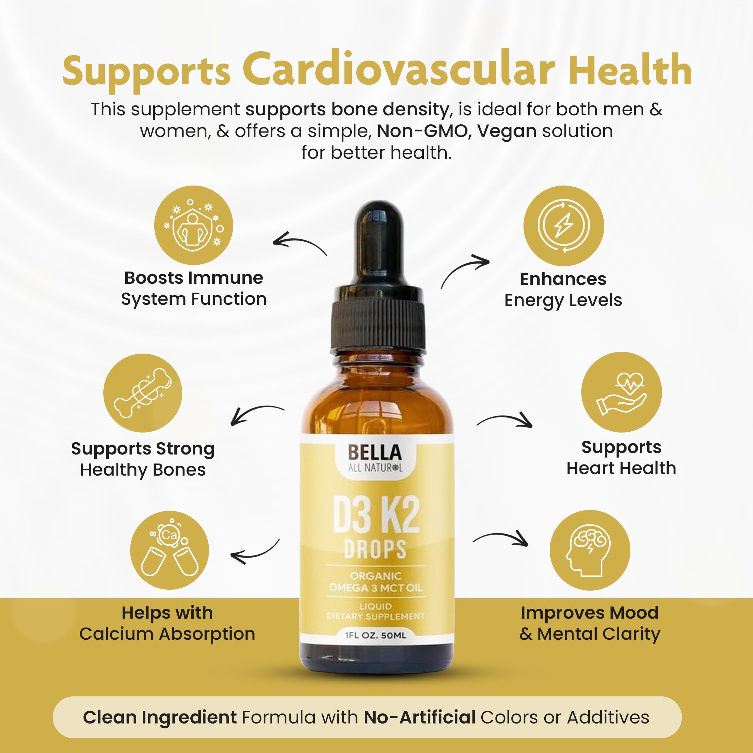 Bella All Natural Vitamin D3 K2 Liquid Drops with dropper