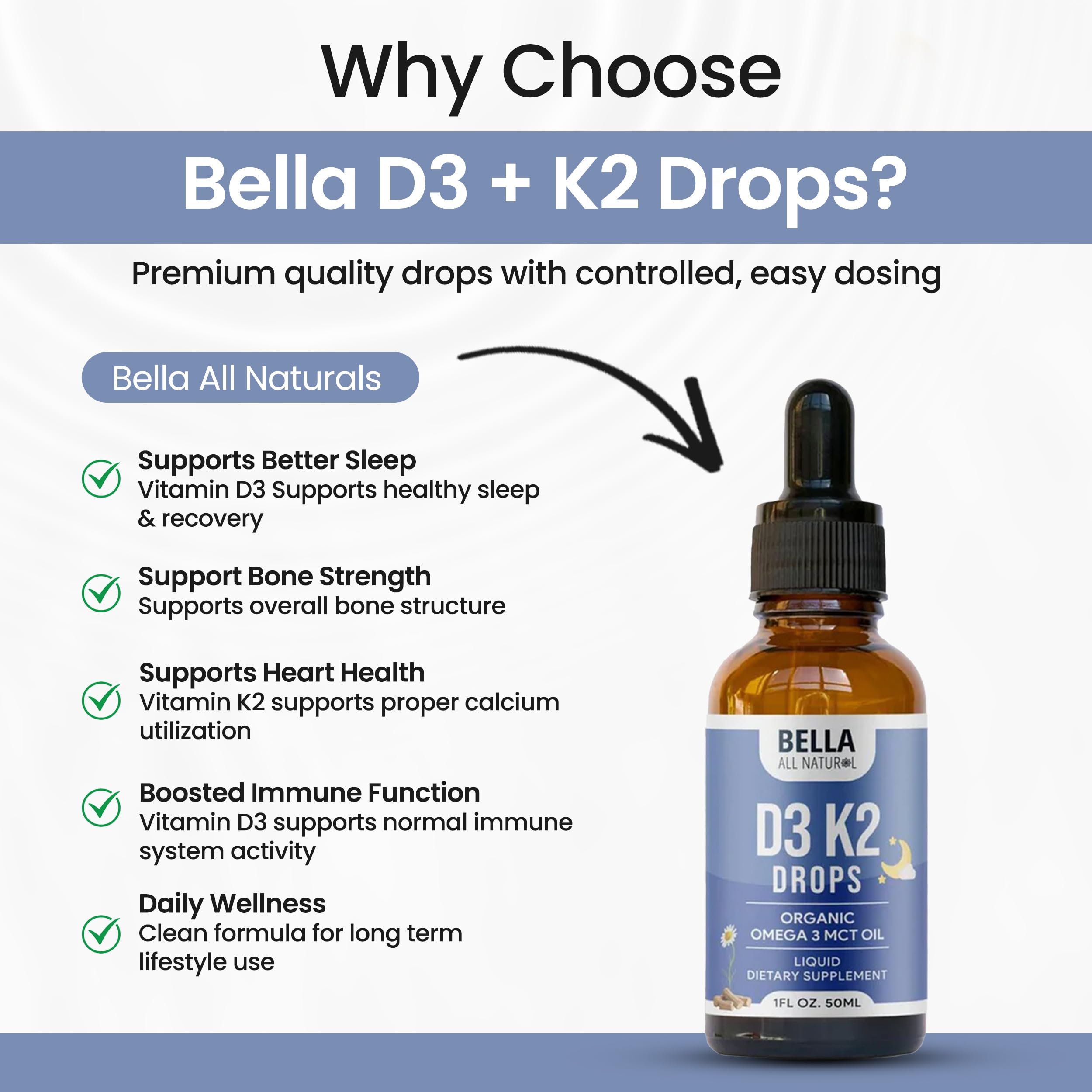 Bella All Natural Vitamin D3 K2 Supplement on a wooden table