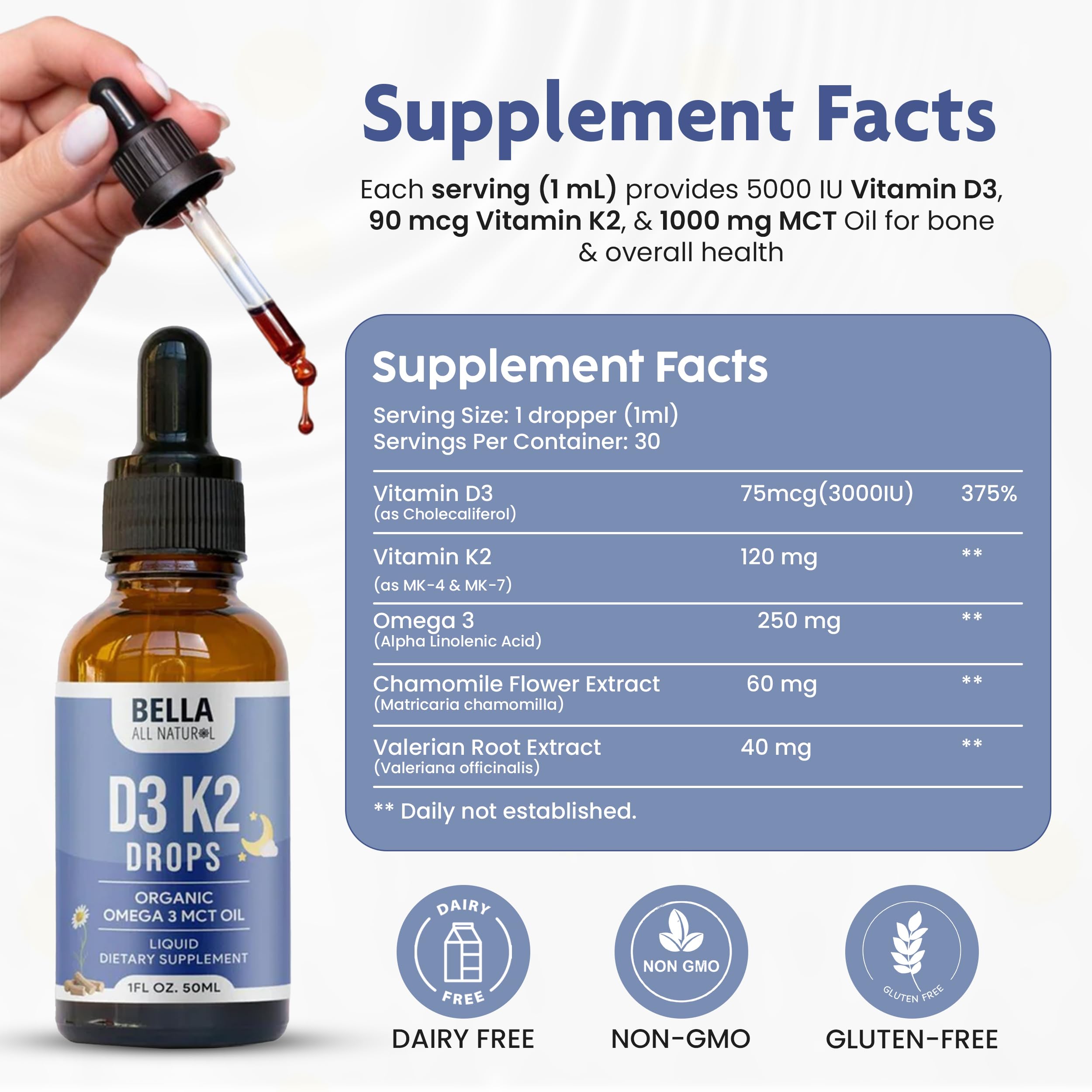 Bella All Natural Vitamin D3 K2 Supplement side view