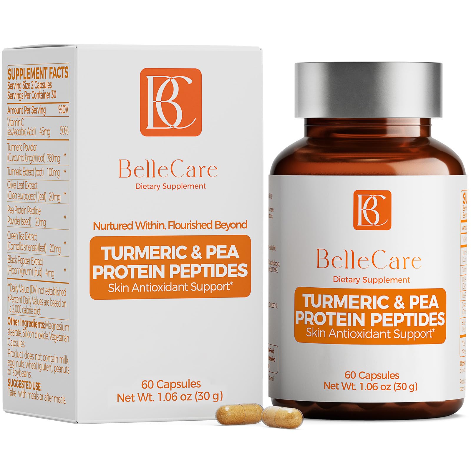 BELLECARE Turmeric Supplement bottle front view with 60 vegetarian capsules