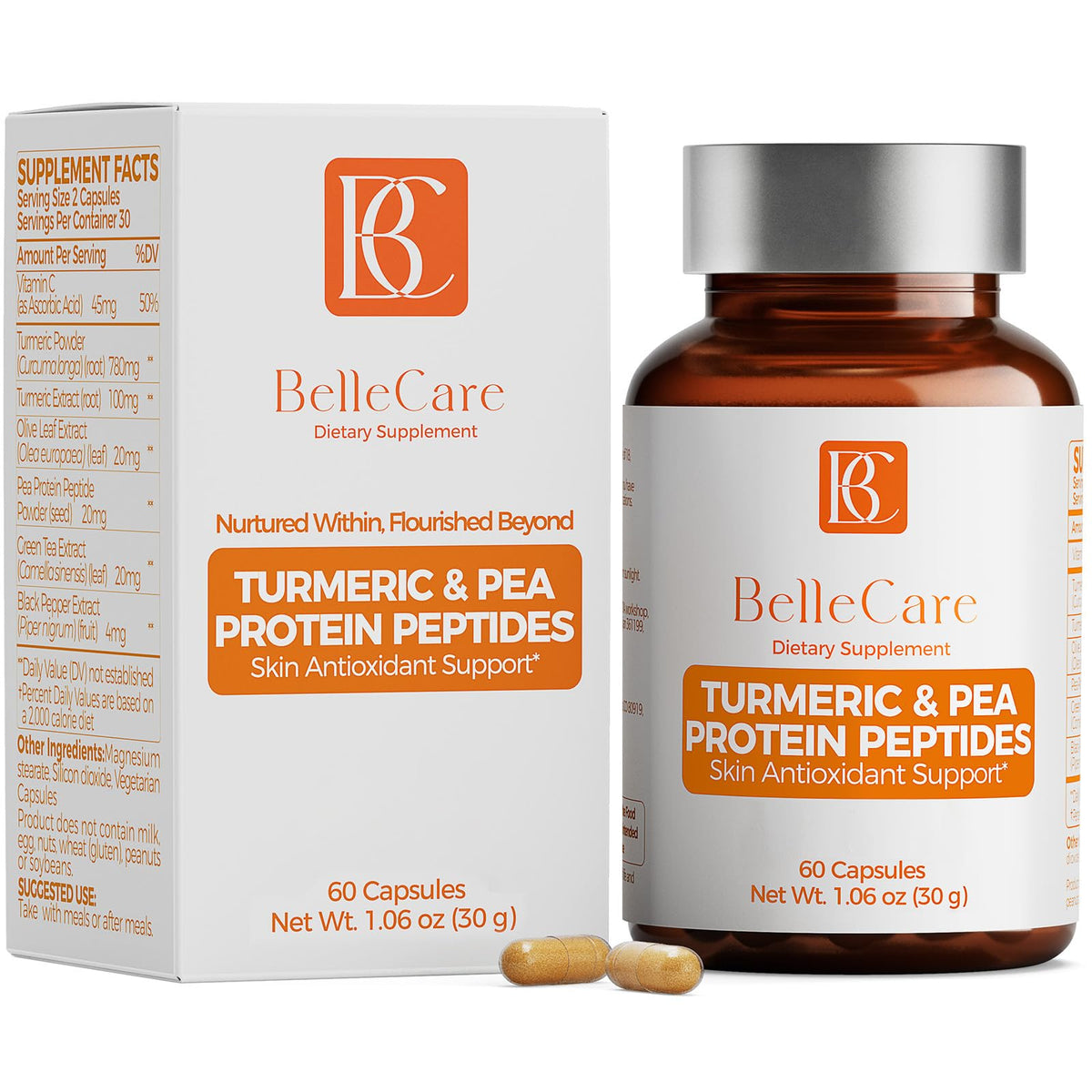 BELLECARE Turmeric Supplement bottle front view with 60 vegetarian capsules
