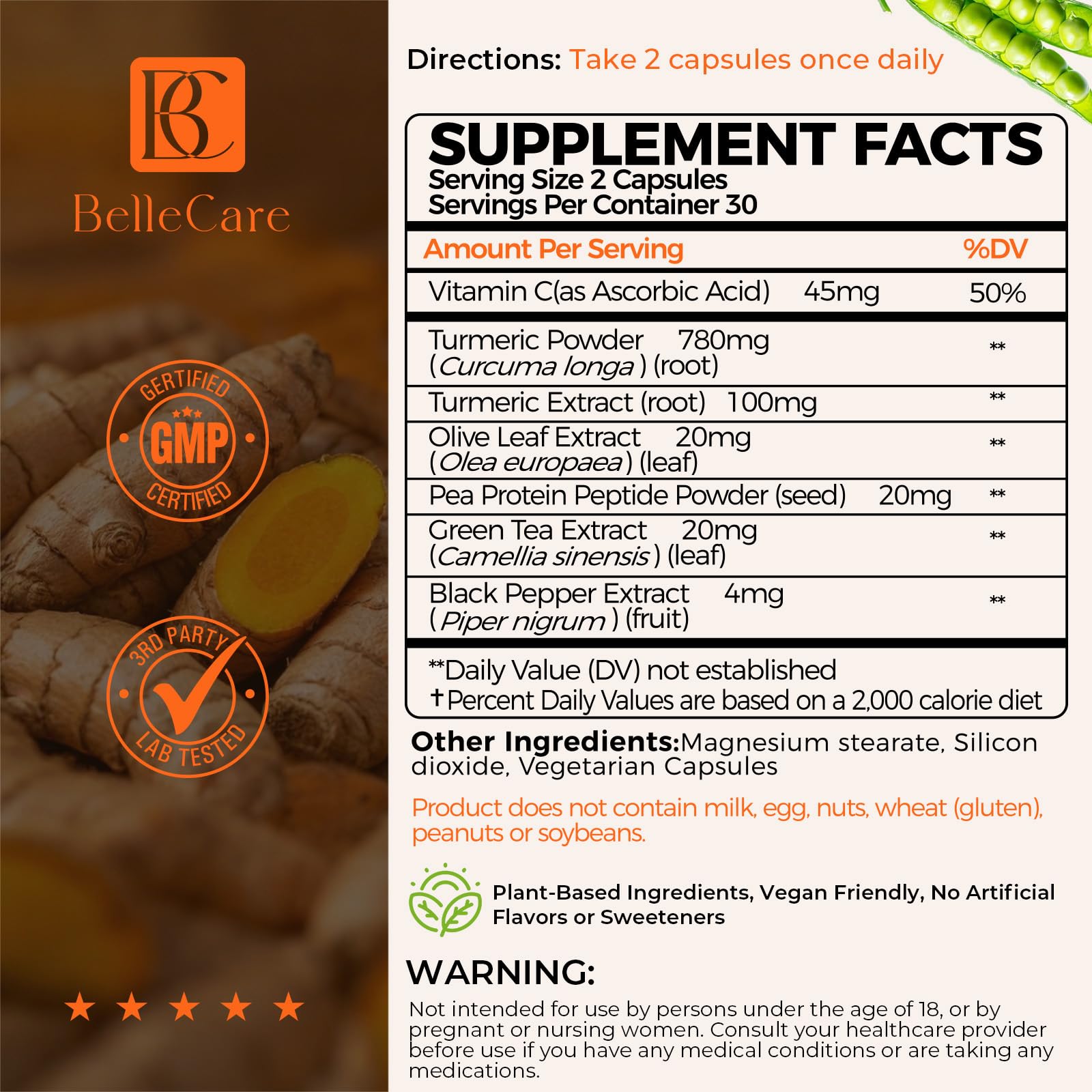 BELLECARE Turmeric Supplement side view showing capsule details