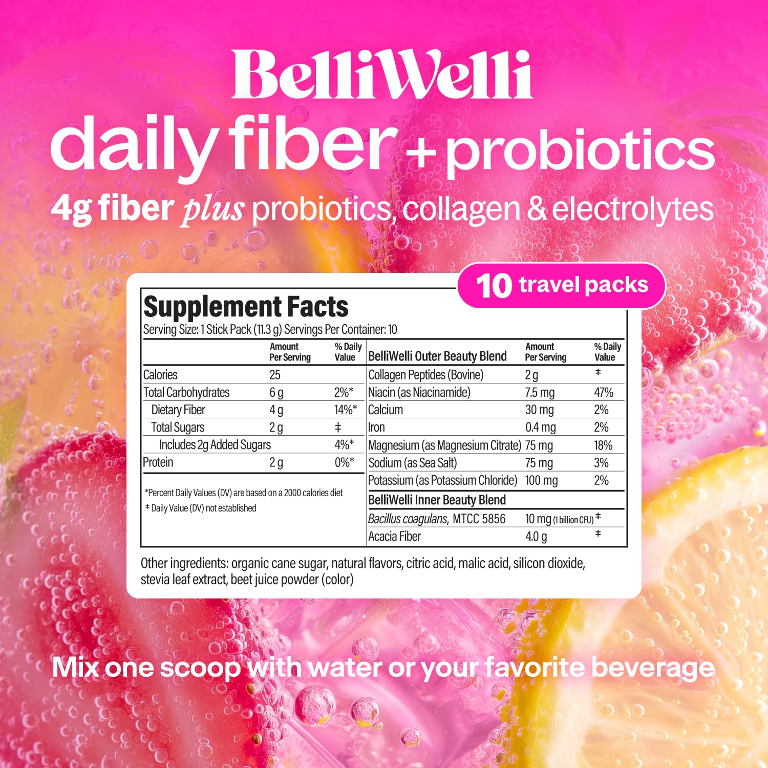 Belli Welli Fiber Powder Strawberry Lemonade stickpacks back view