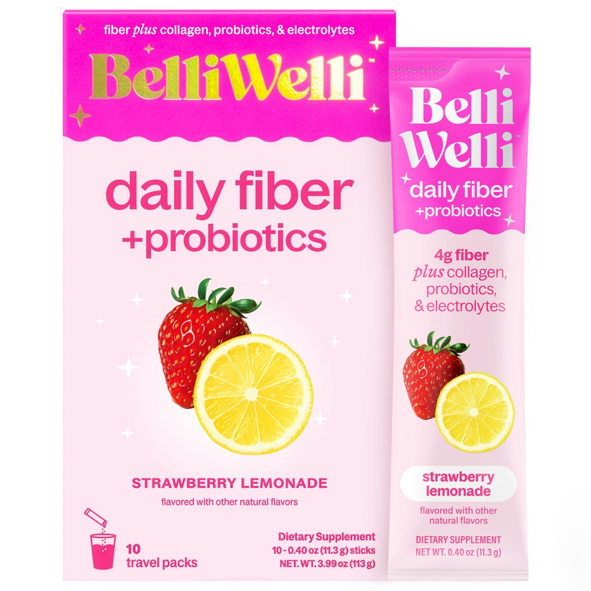 Belli Welli Fiber Powder Strawberry Lemonade stickpacks front view