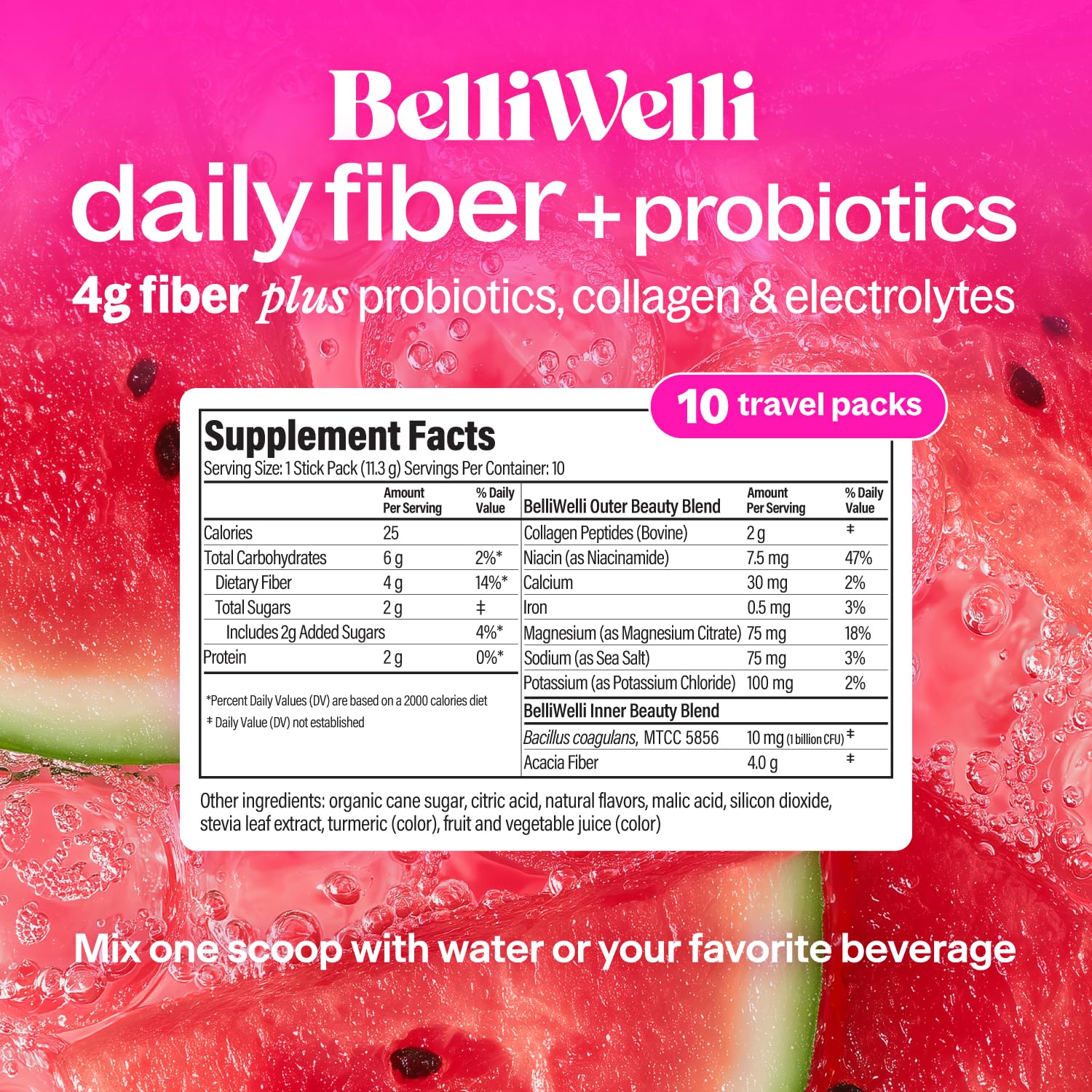 Belli Welli Organic Acacia Fiber Powder Watermelon flavour stickpack back view