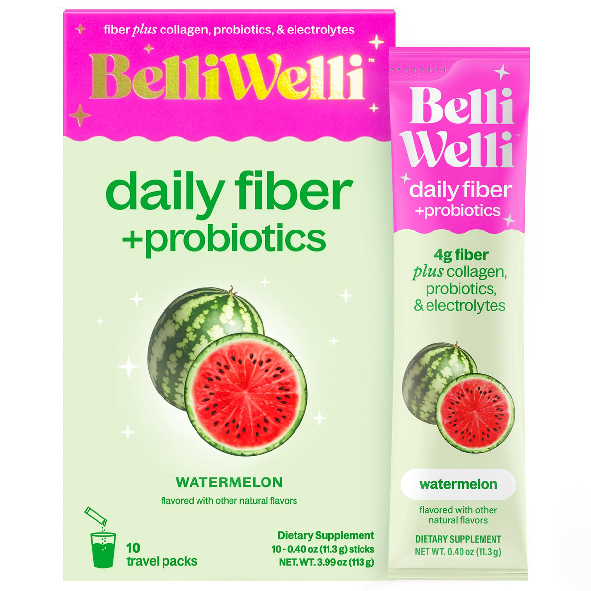 Belli Welli Organic Acacia Fiber Powder Watermelon flavour stickpack front view