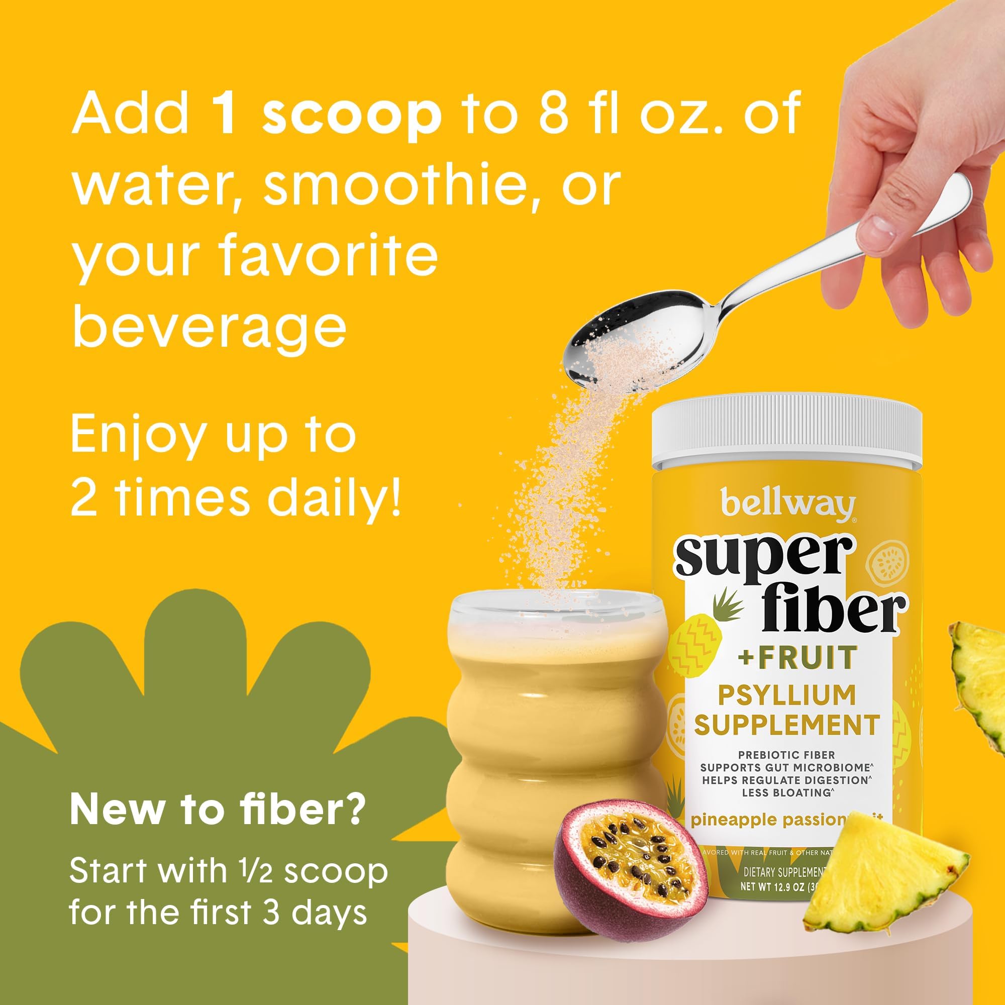 Bellway Super Fiber + Fruit Psyllium Powder 363g on a kitchen counter
