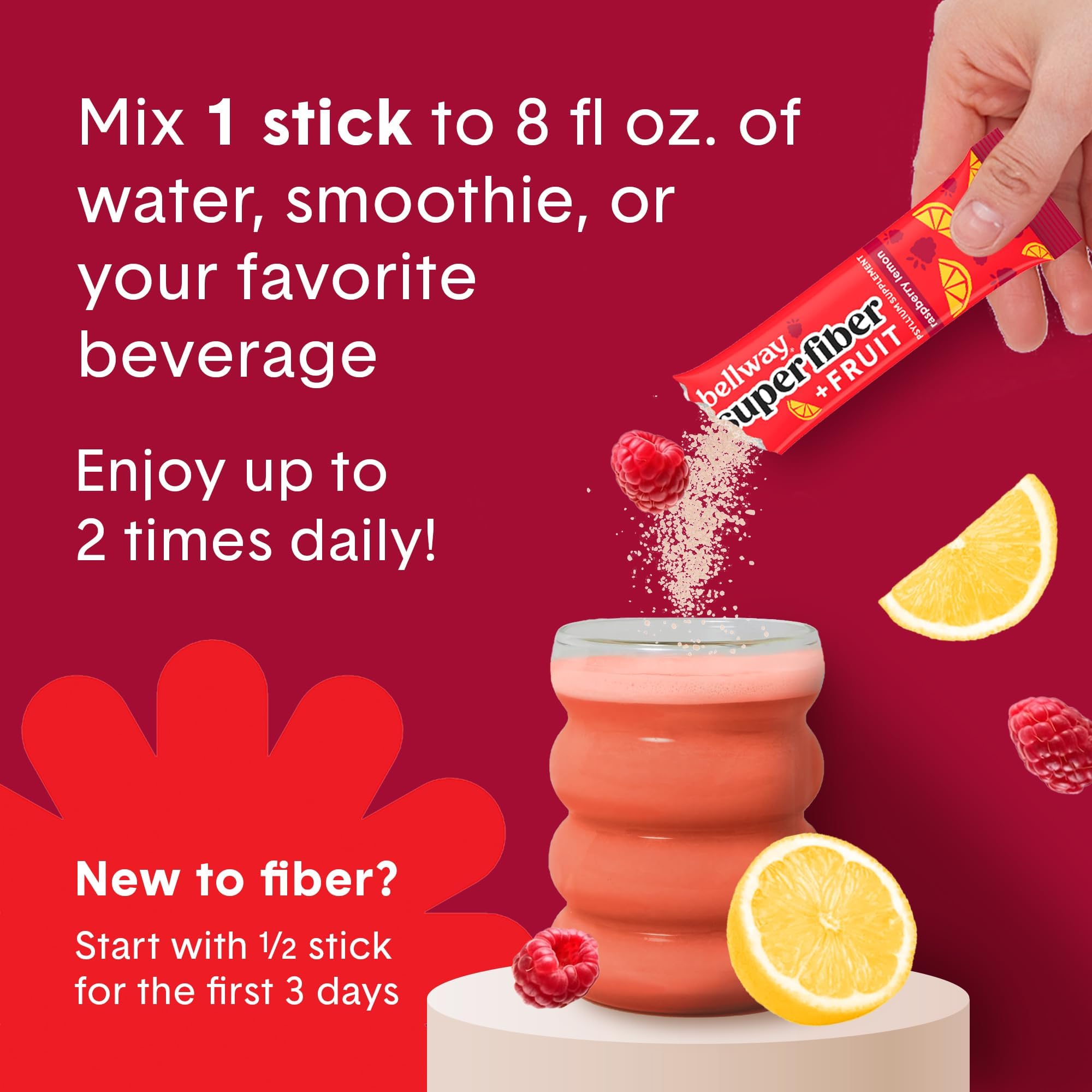 Bellway Super Fiber + Fruit Psyllium Powder with fresh raspberries