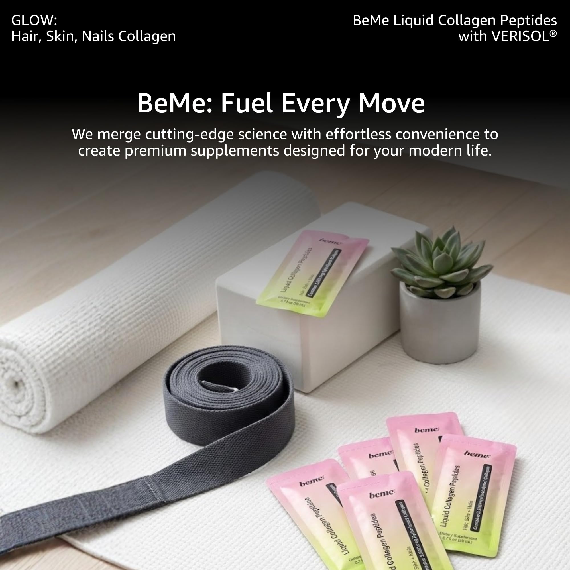 BeMe Collagen Supplement sachet with fresh strawberries