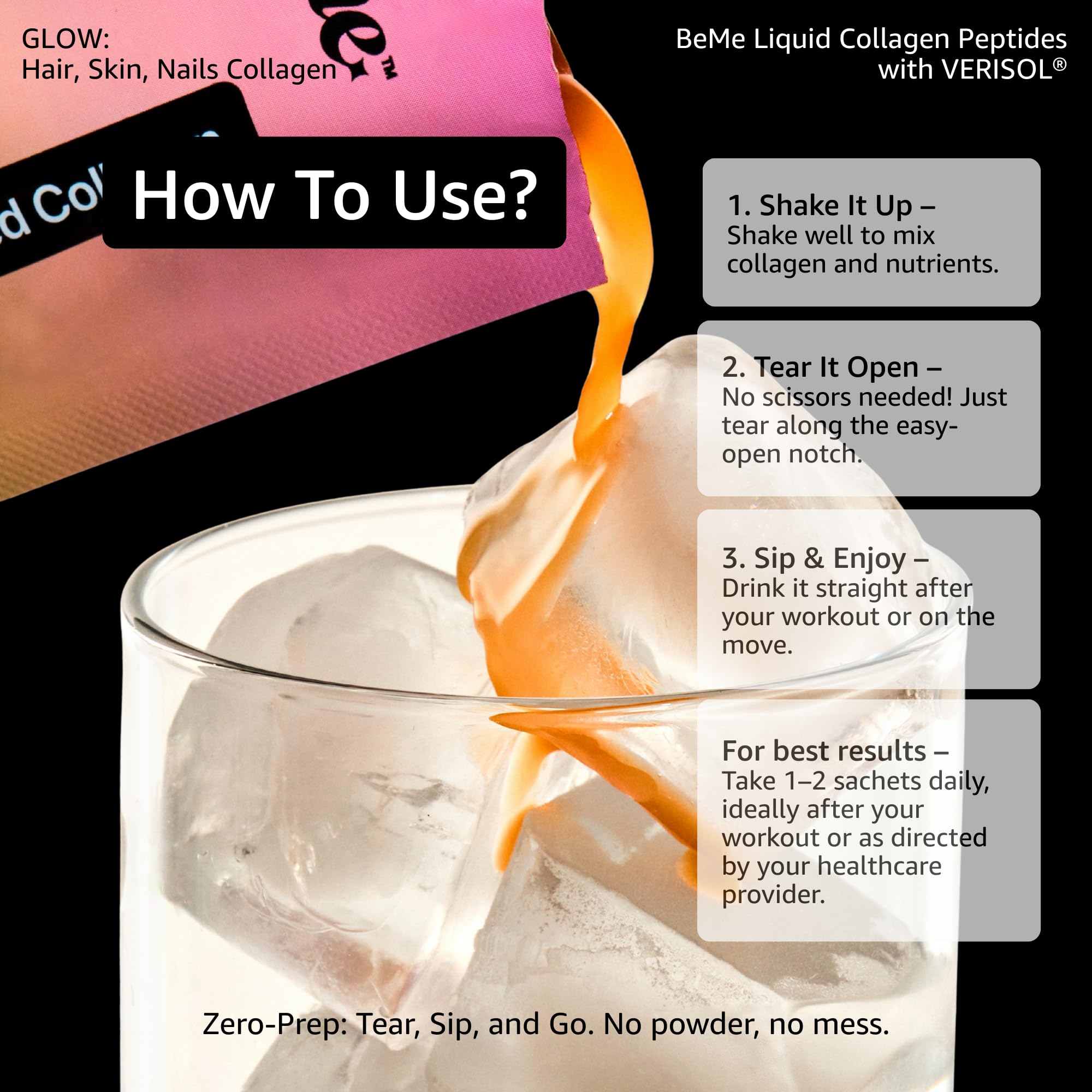 BeMe Collagen Supplement sachets in a travel bag
