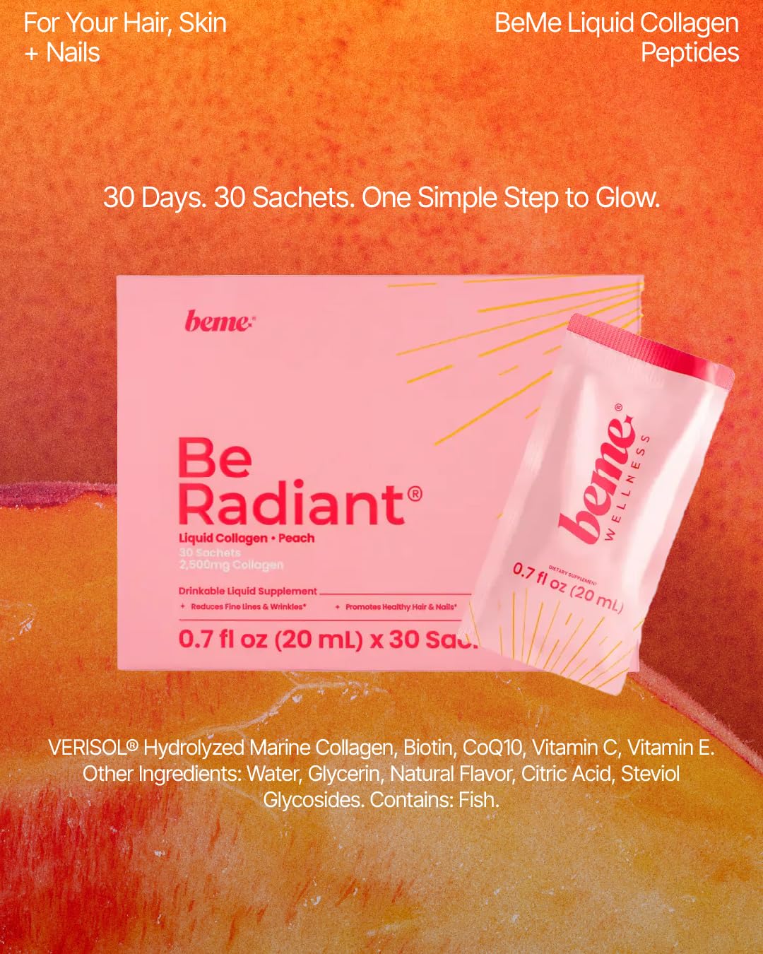 BeMe Liquid Collagen Sachets in a hand for size reference