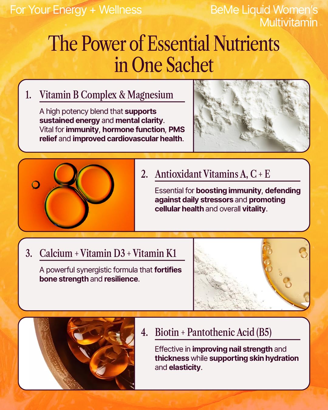 BeMe Liquid Multivitamin Sachets individual sachet with orange flavour