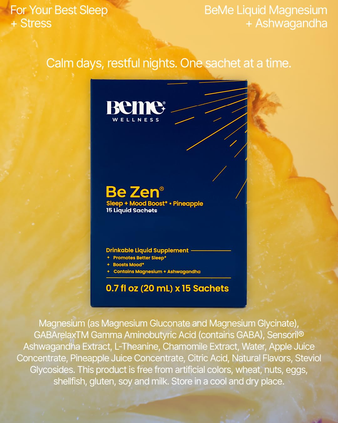 BeMe Magnesium Drink Sachets with a pineapple on a kitchen counter