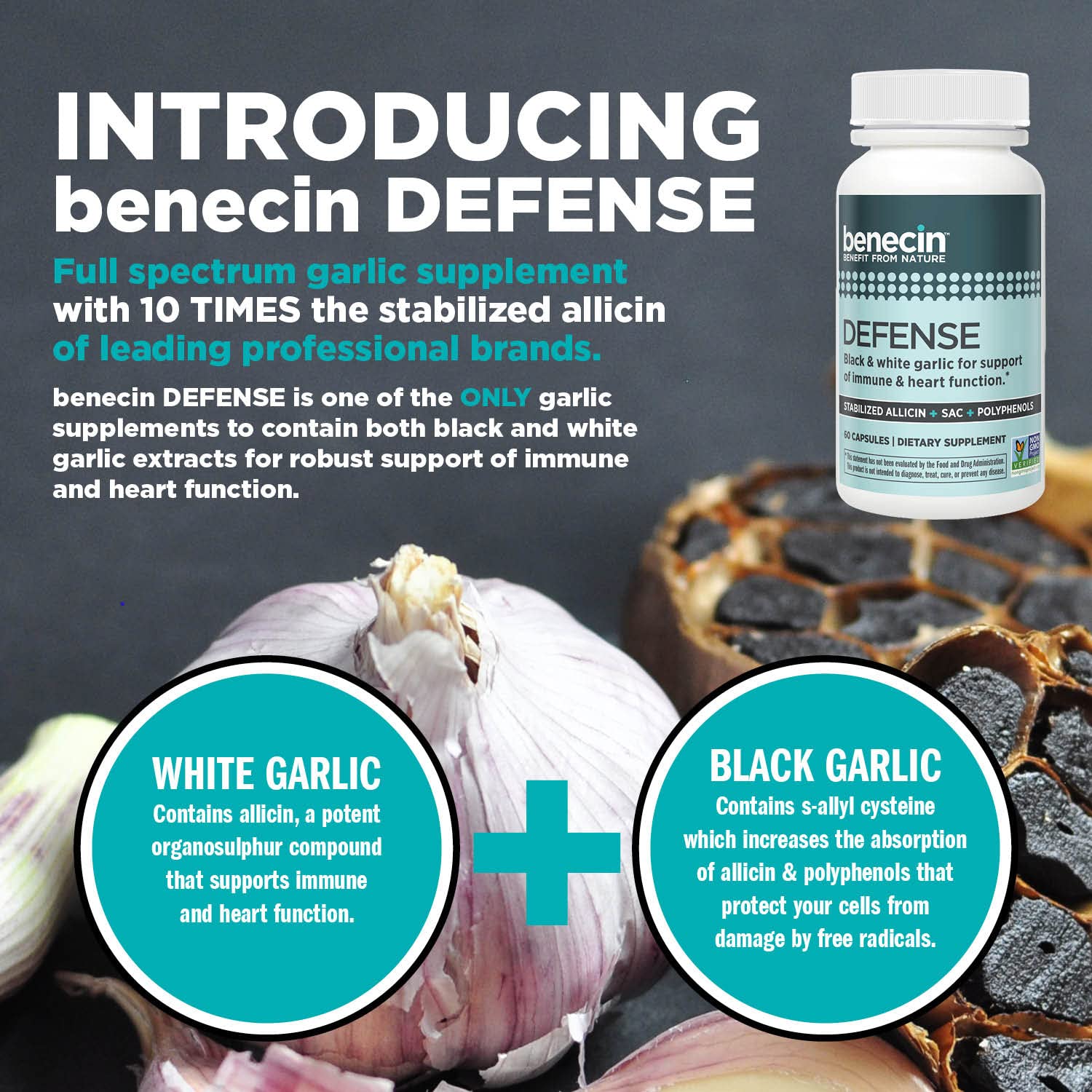 Benecin Garlic Supplement 1500 mcg capsules on a wooden table