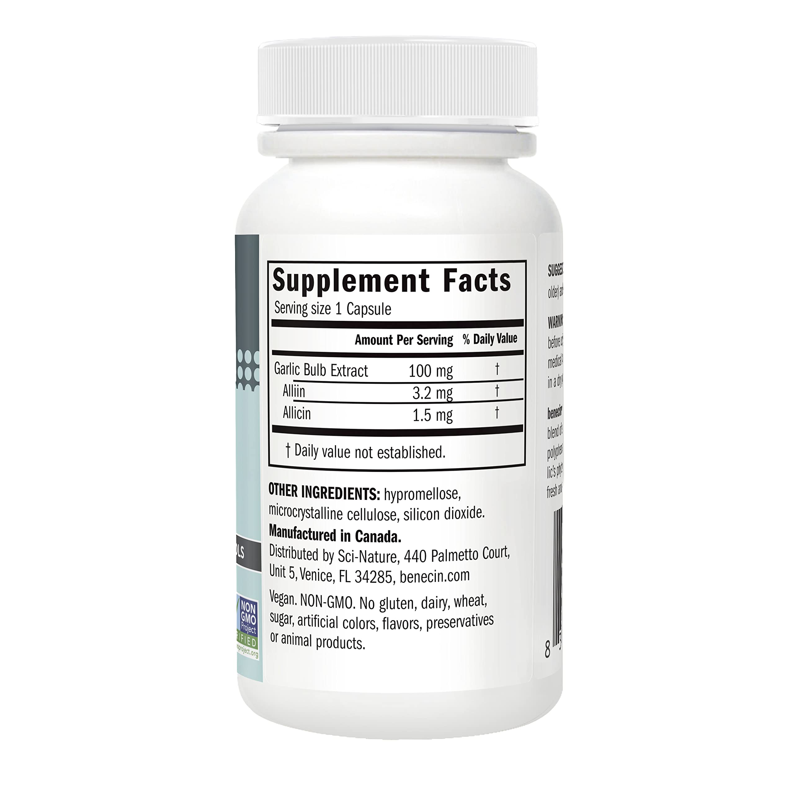 Benecin Garlic Supplement 1500 mcg capsules side view