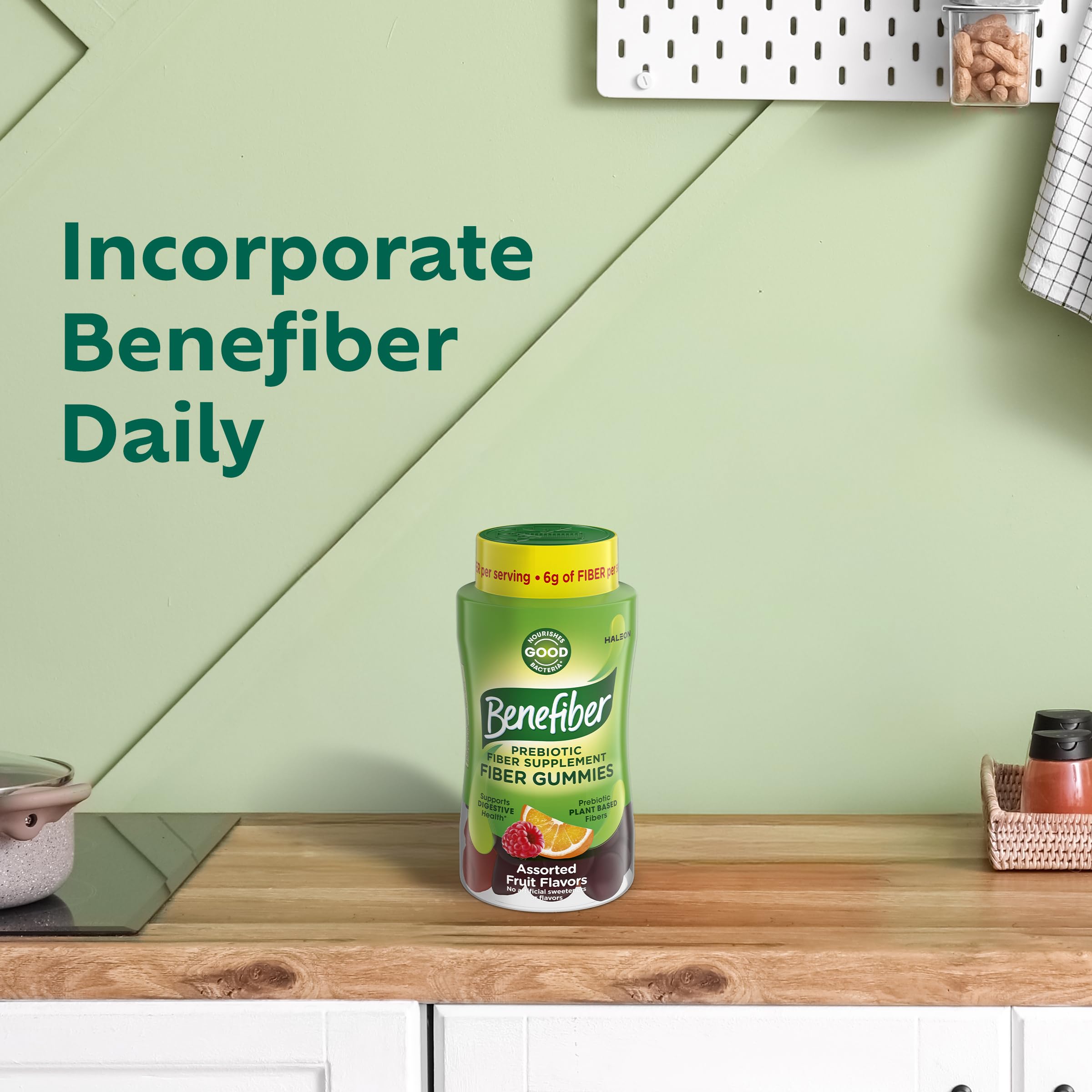 Benefiber Prebiotic Fiber Gummies displayed with fruit background