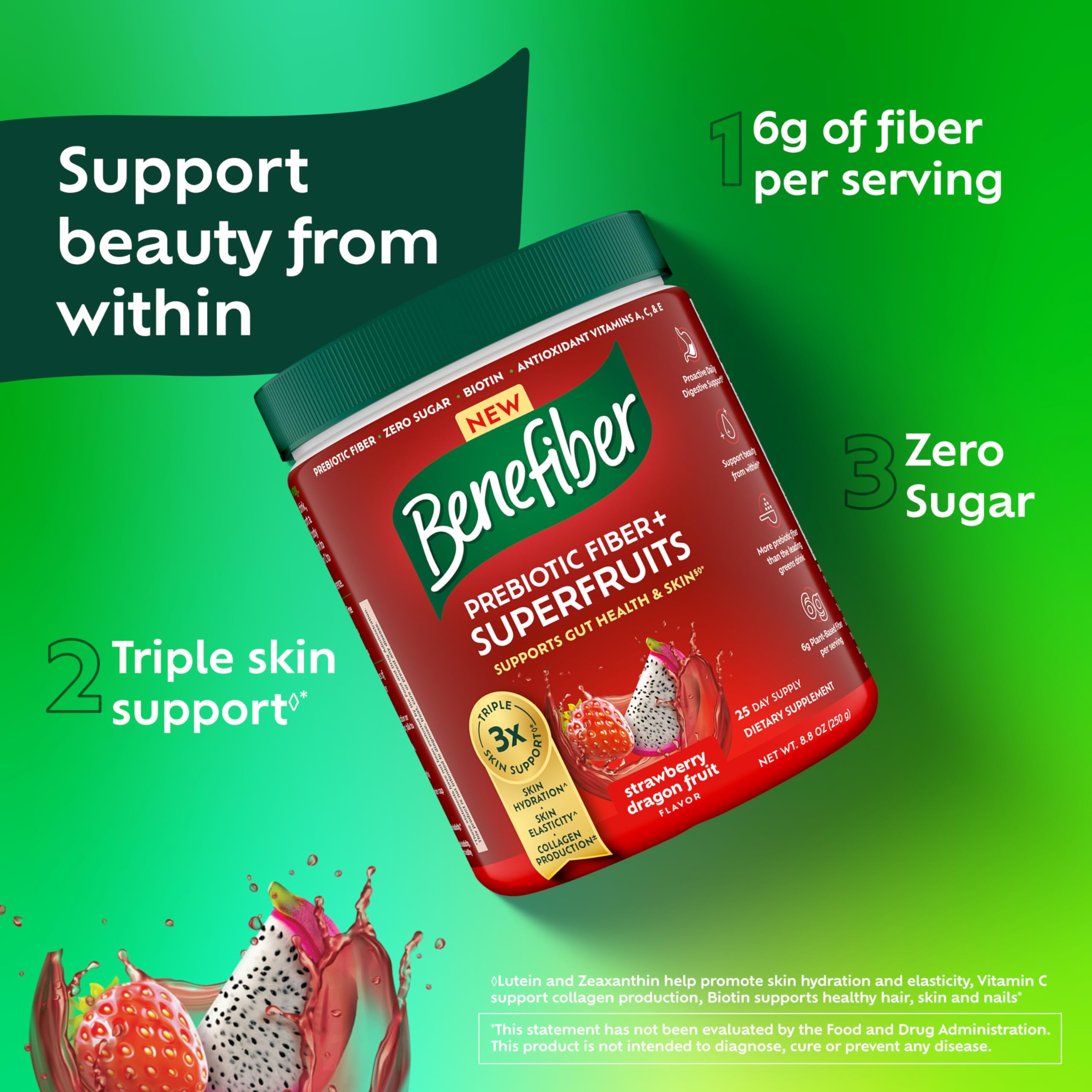 Benefiber Prebiotic Fiber + Superfruits 315g Strawberry Dragon Fruit powder in a glass