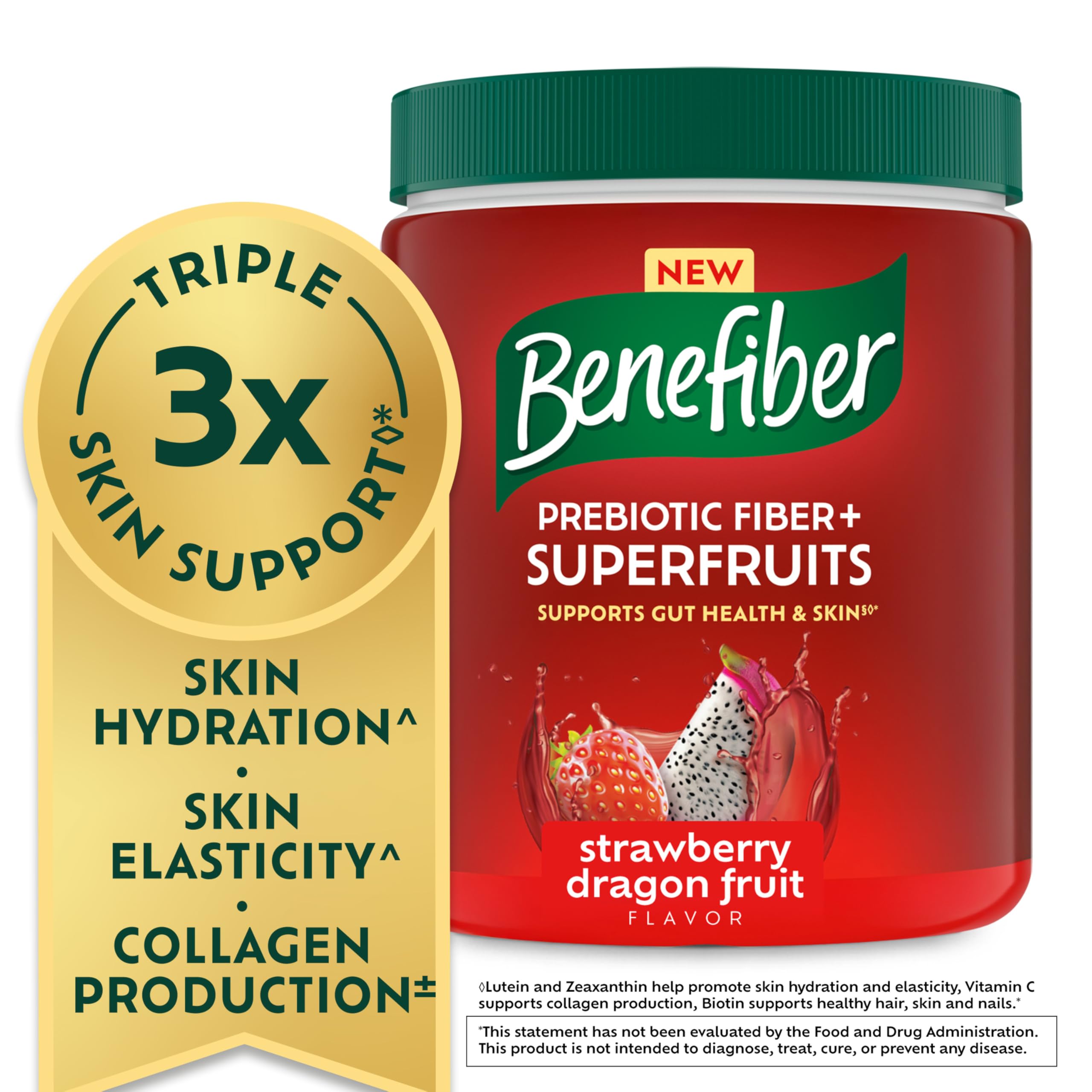 Benefiber Prebiotic Fiber + Superfruits 315g Strawberry Dragon Fruit tub side view