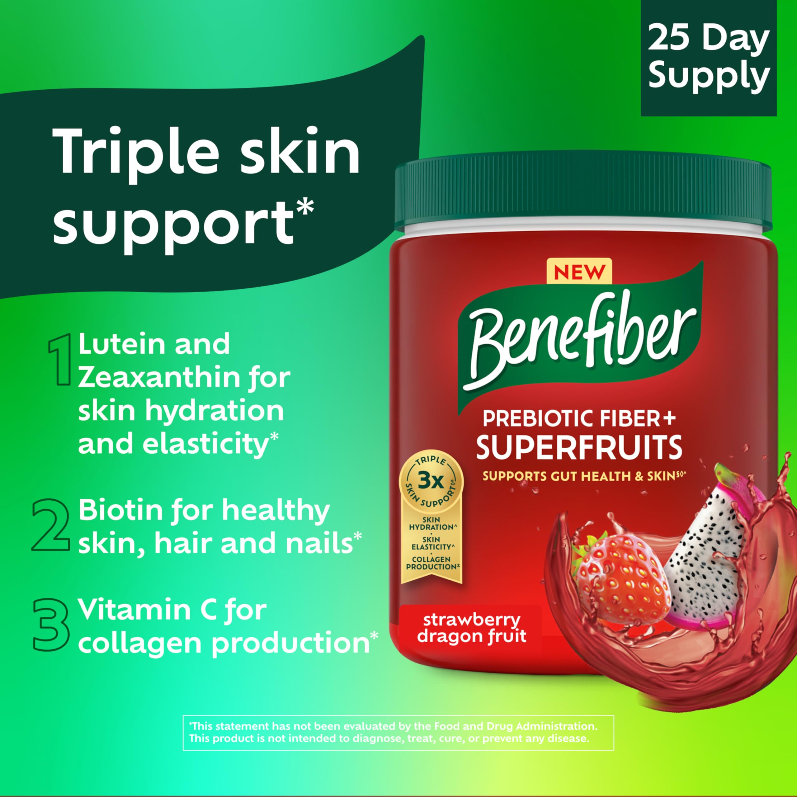 Benefiber Prebiotic Fiber + Superfruits 315g Strawberry Dragon Fruit tub with scoop