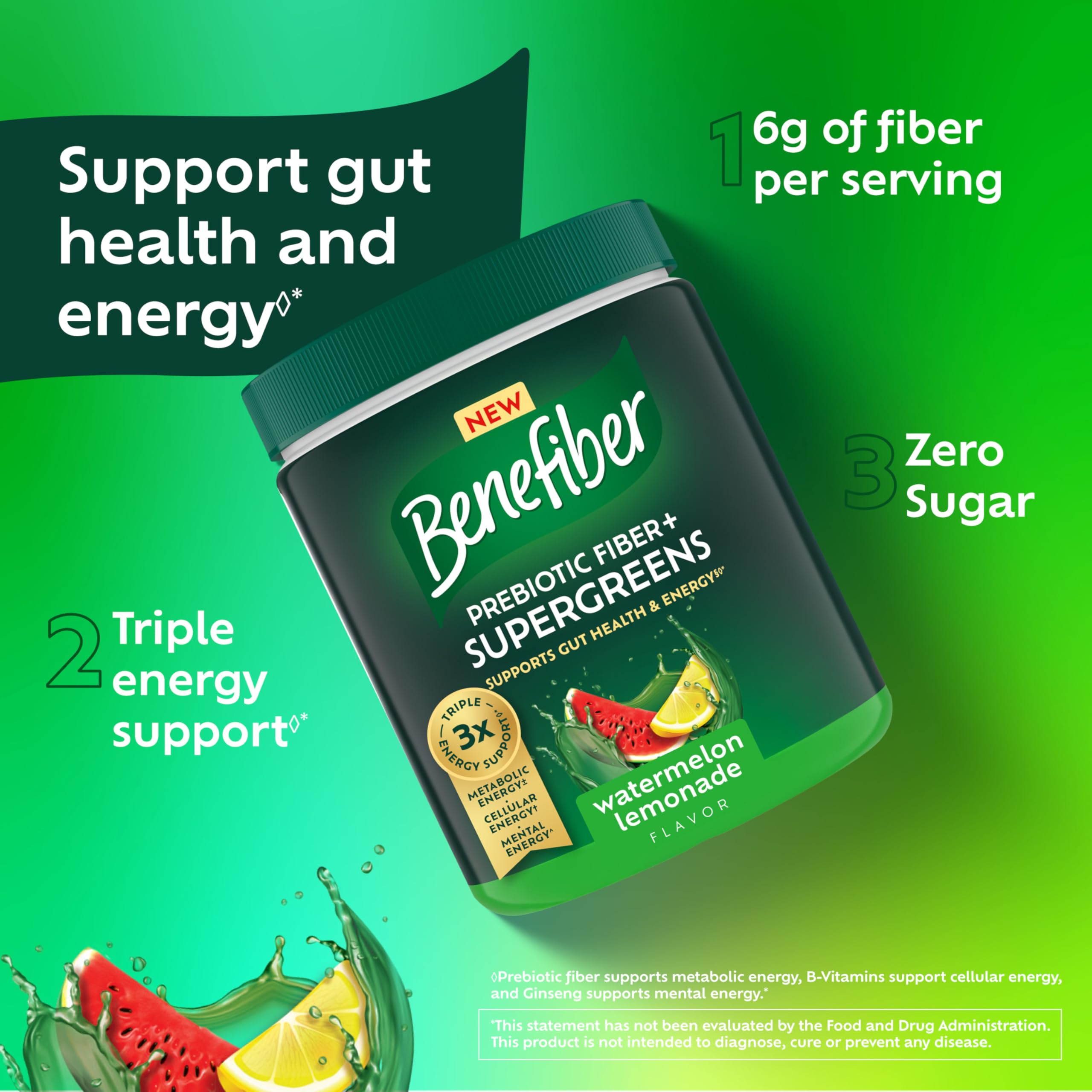 Benefiber Prebiotic Fiber + Supergreens 250g tub with a scoop