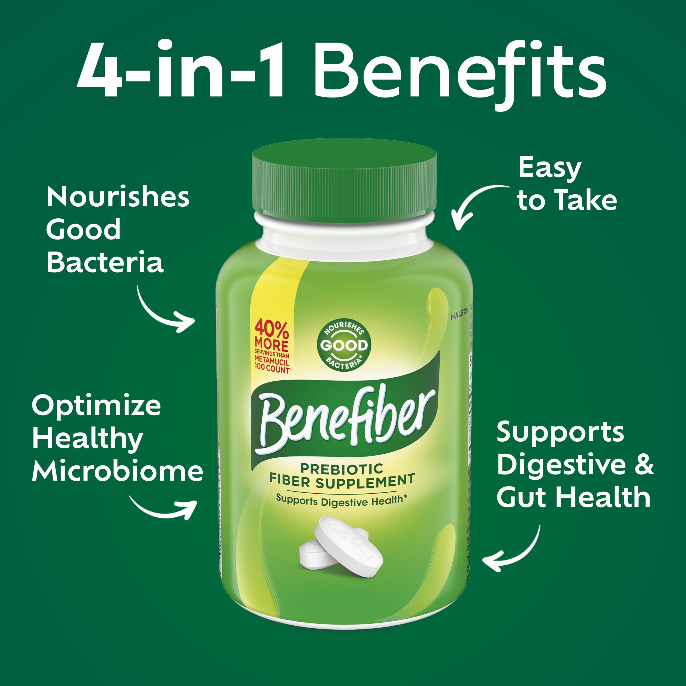 Benefiber Prebiotic Fiber Supplement Caplets bottle side view