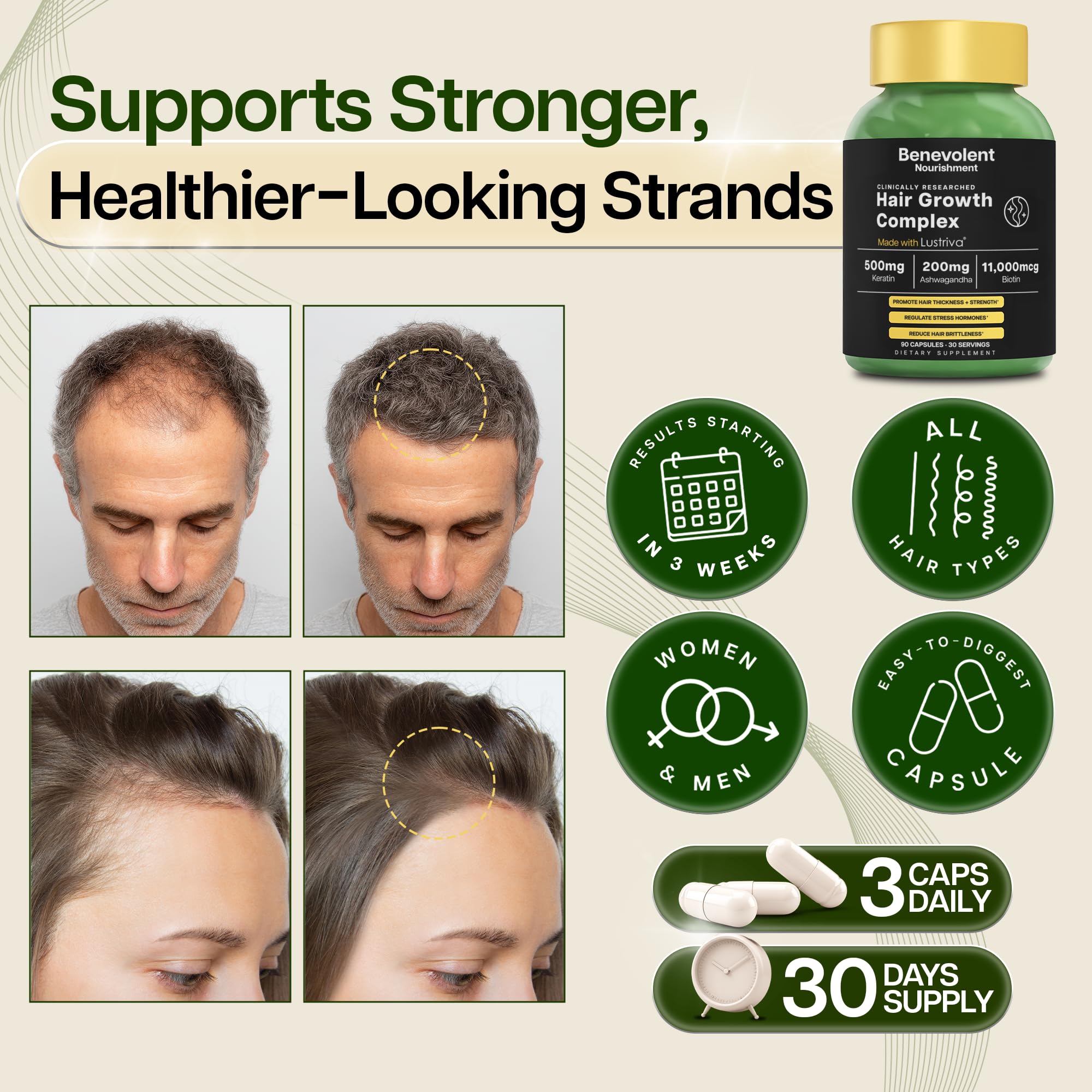 Benevolent Nourishment Biotin Supplement capsules on a wooden surface