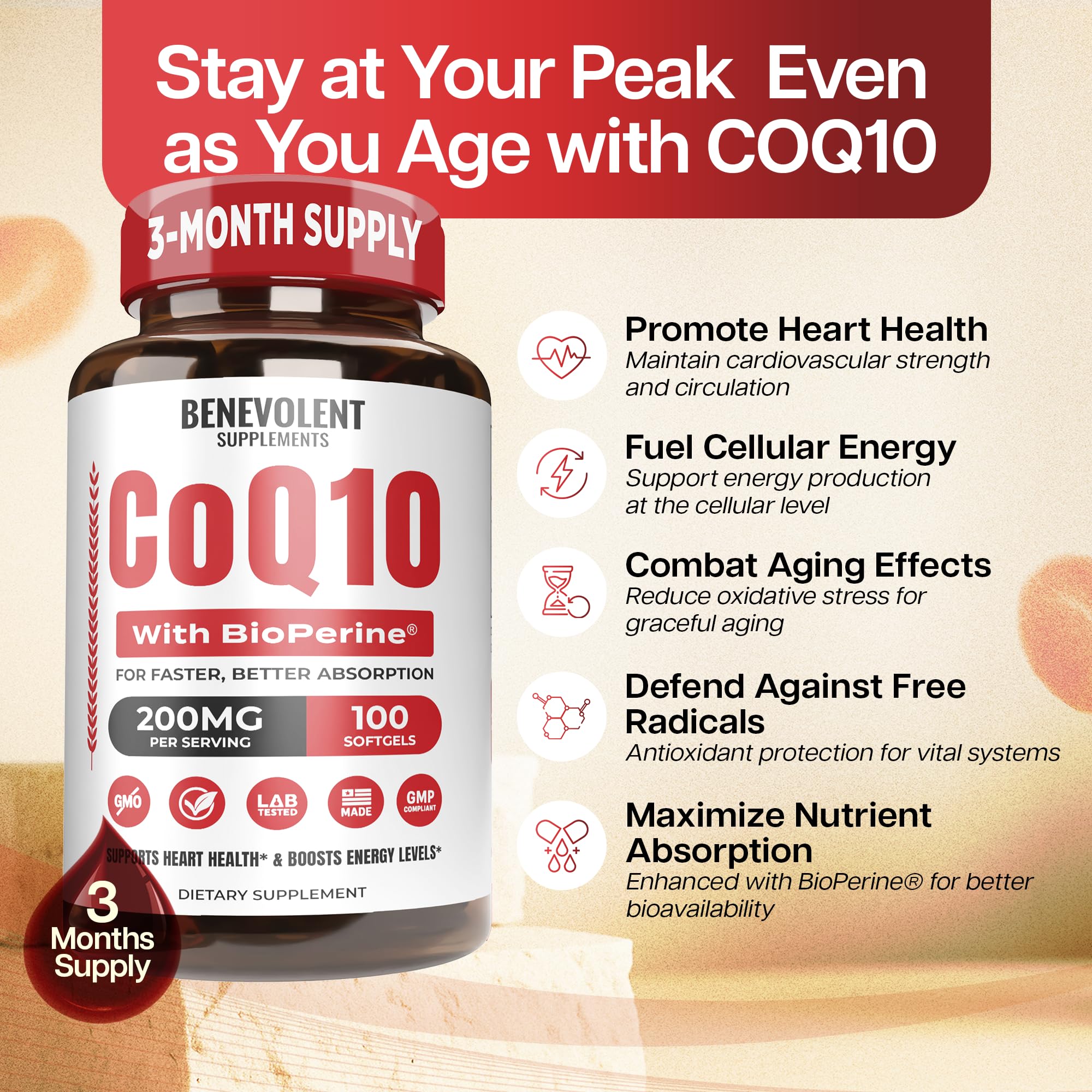 Benevolent Nourishment CoQ10 200mg softgels bottle with label